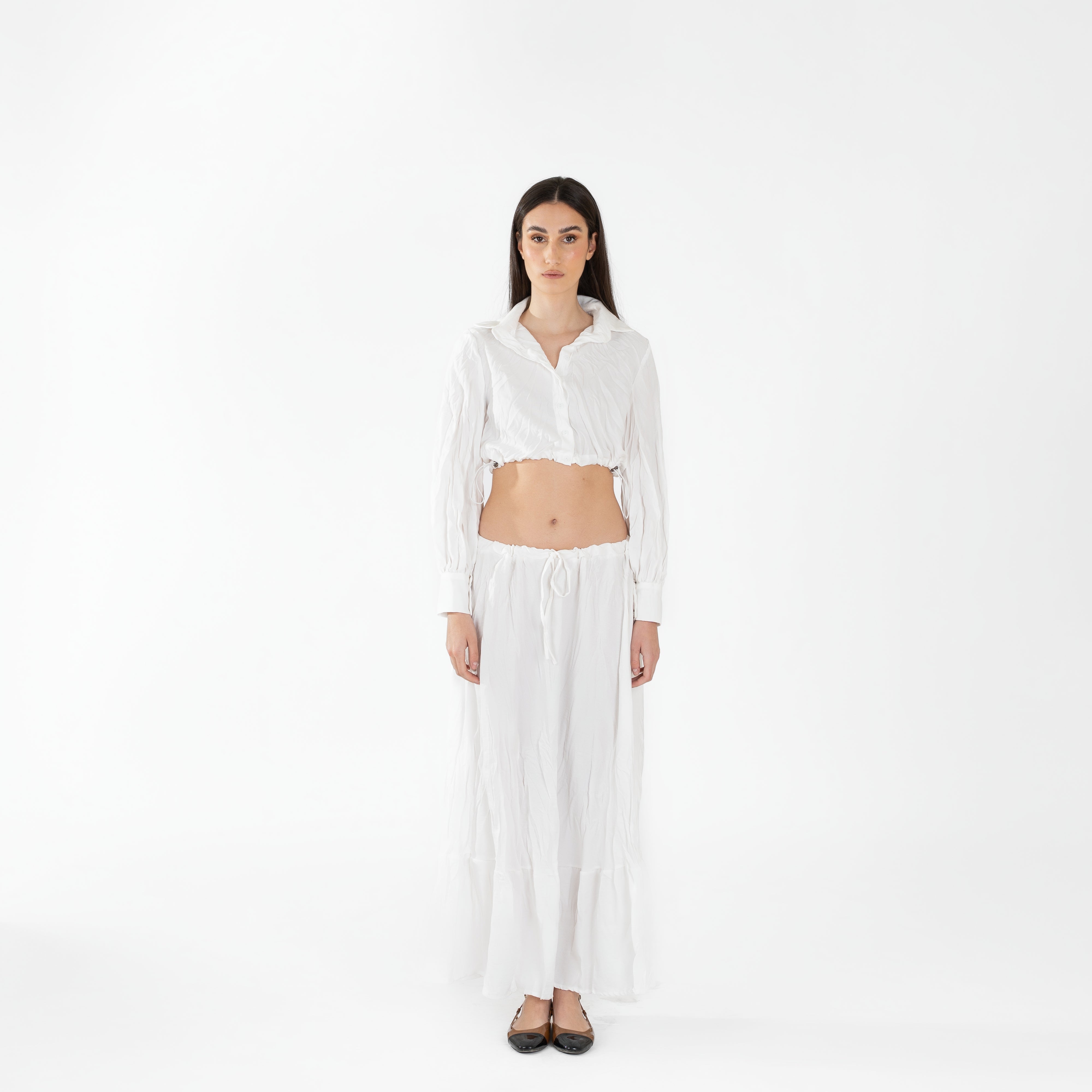 Crinkle Cropped Button-Up Top