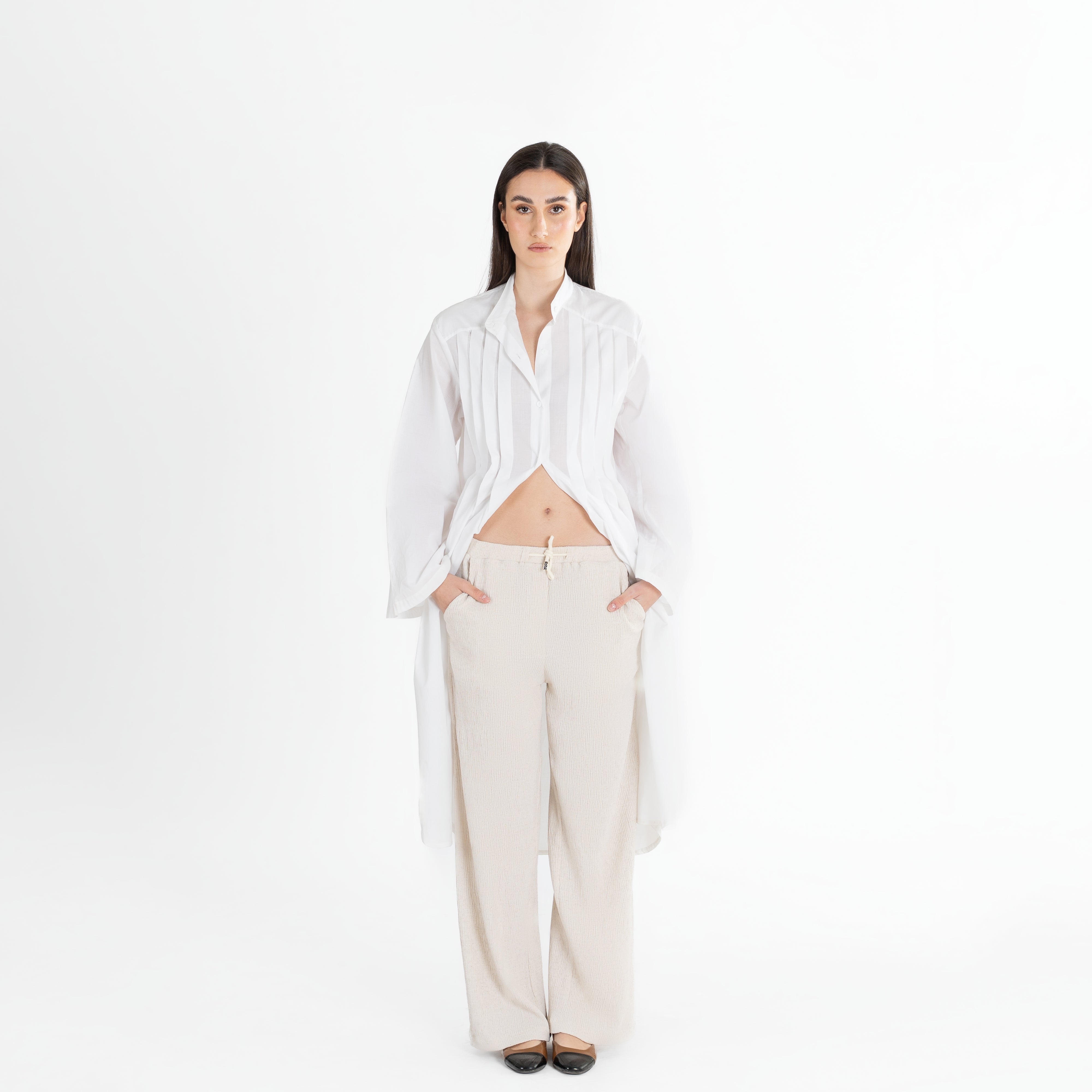 Long Pleated Button-Up Shirt