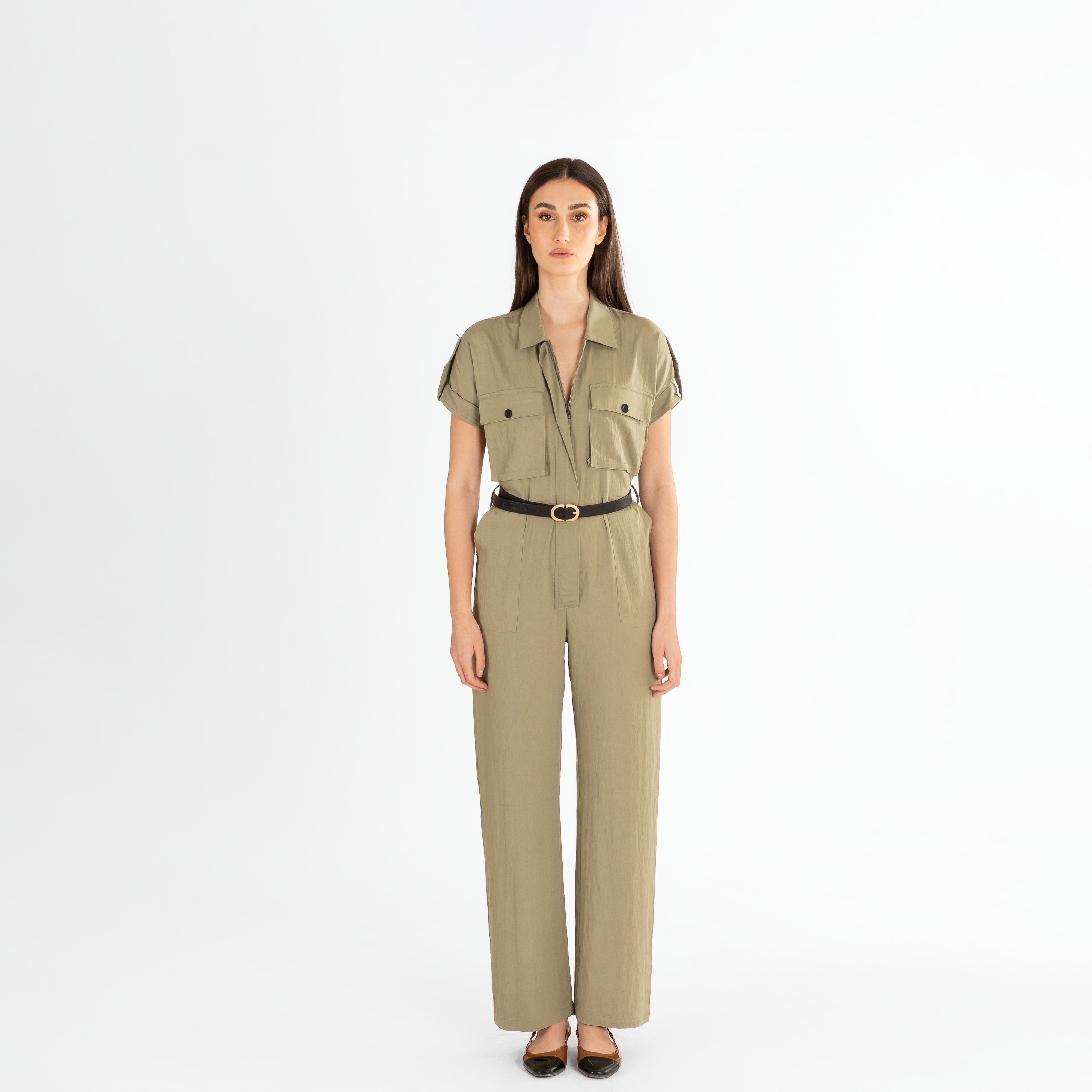 Utility-Inspired Short-Sleeve Jumpsuit