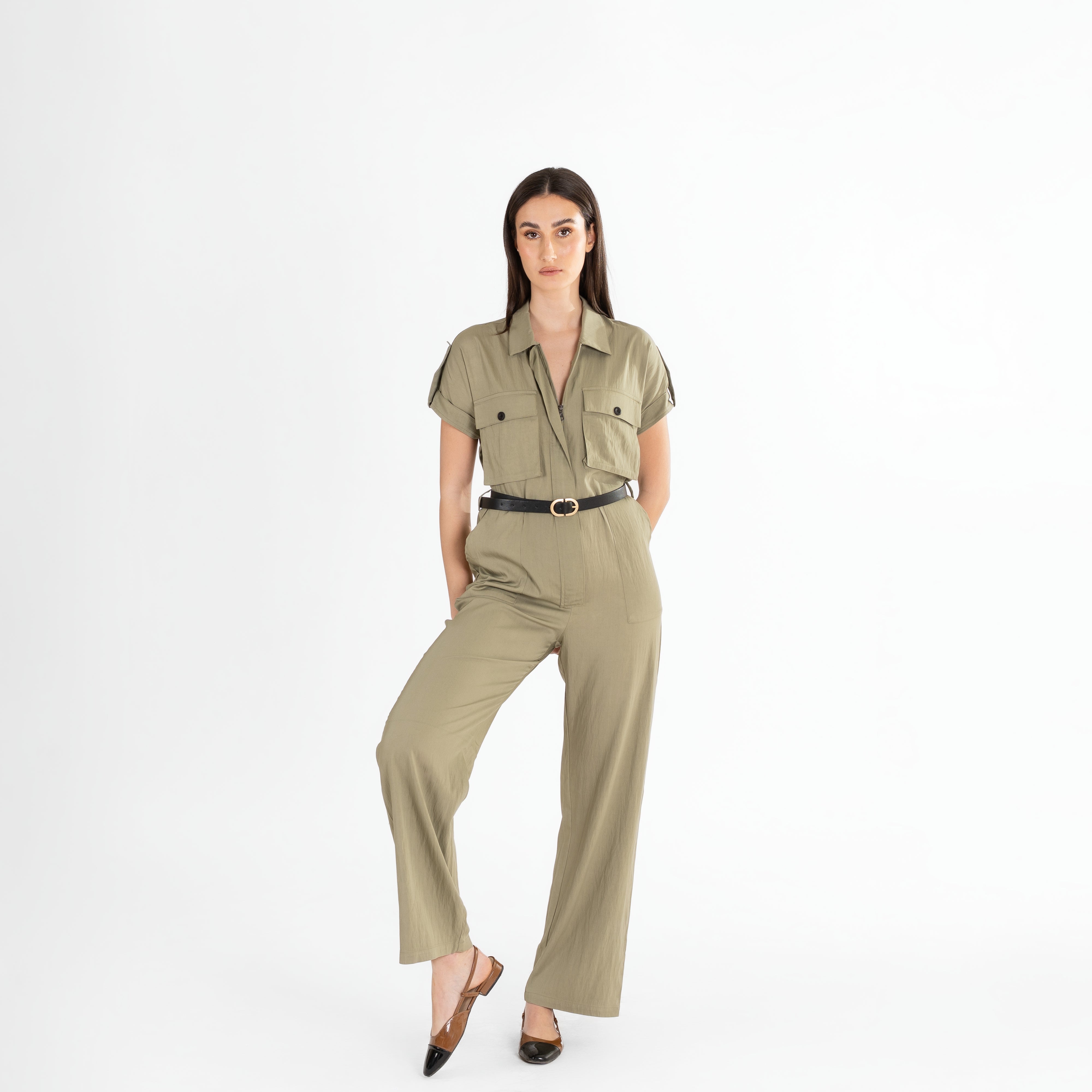 Utility-Inspired Short-Sleeve Jumpsuit