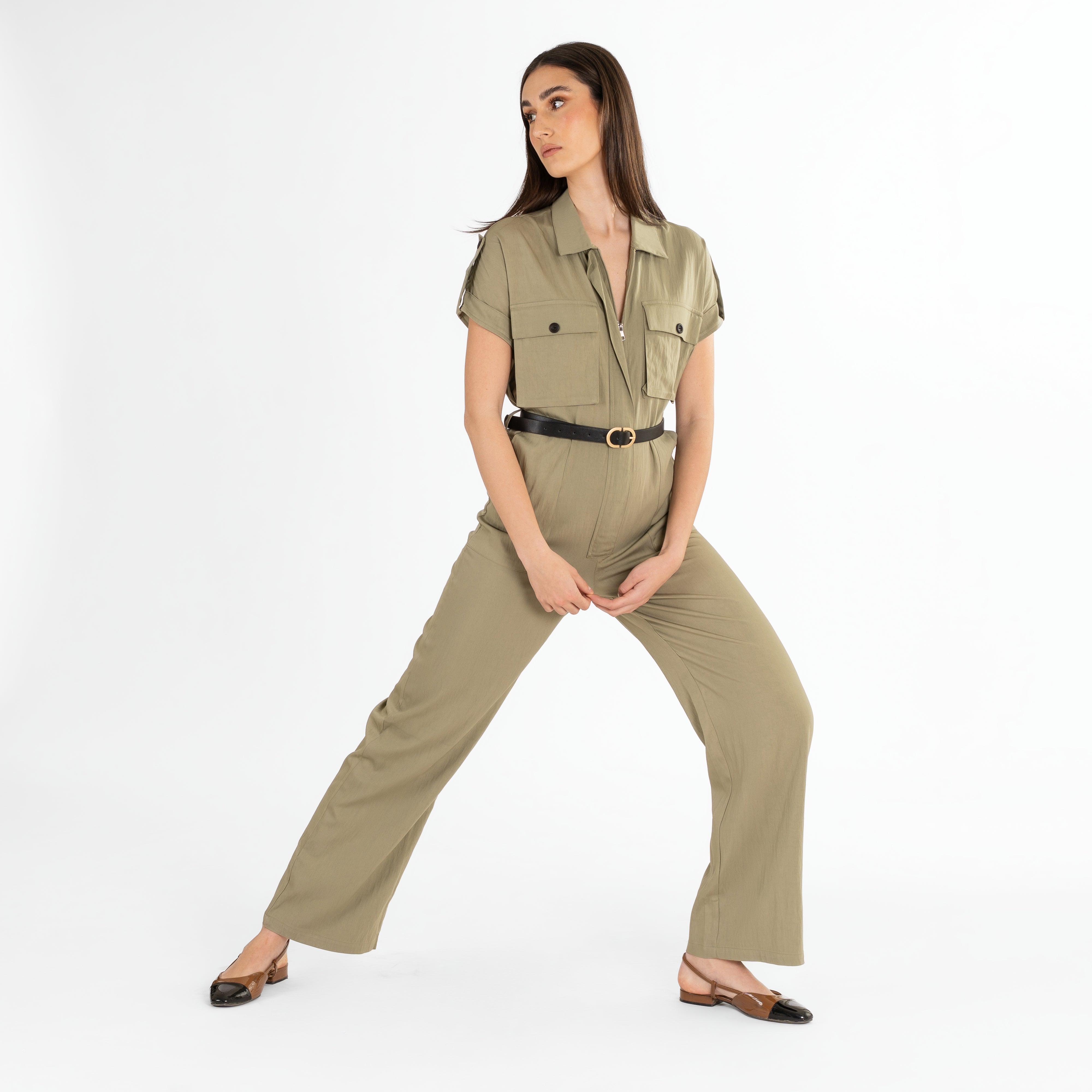 Utility-Inspired Short-Sleeve Jumpsuit
