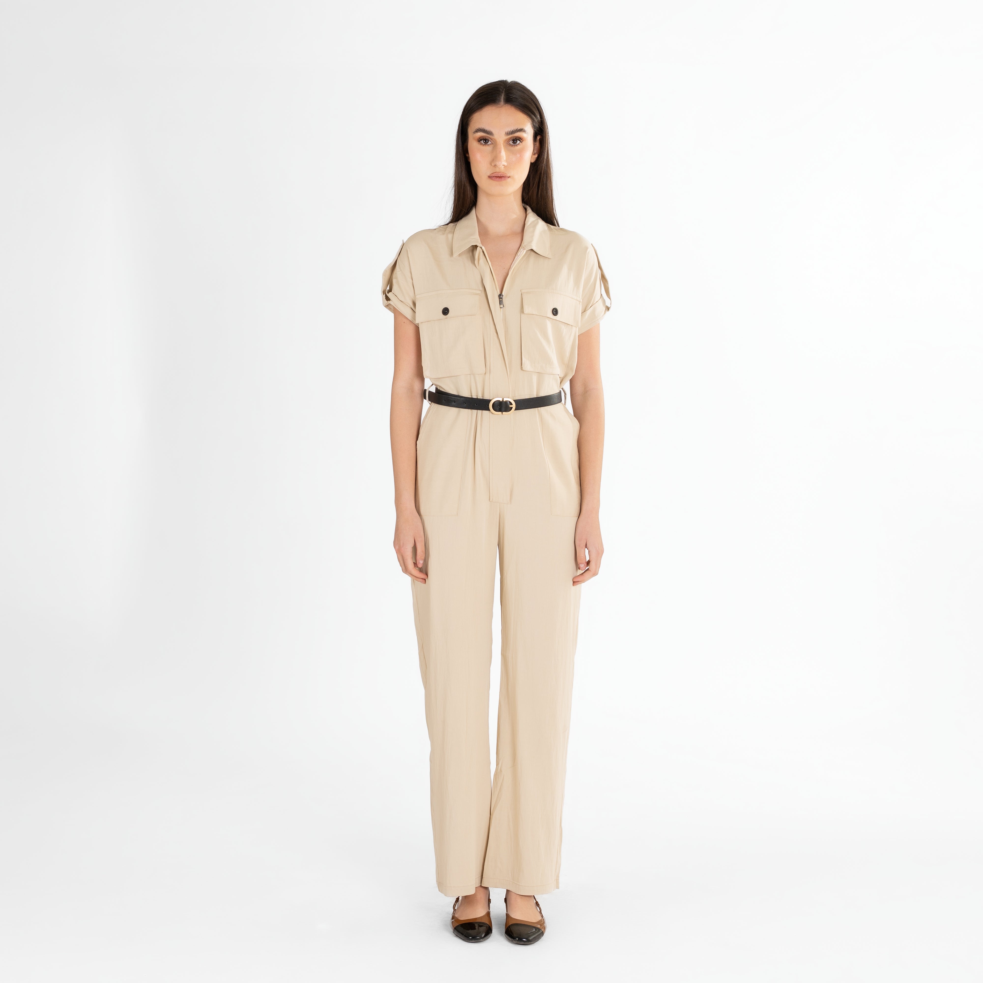 Utility-Inspired Short-Sleeve Jumpsuit