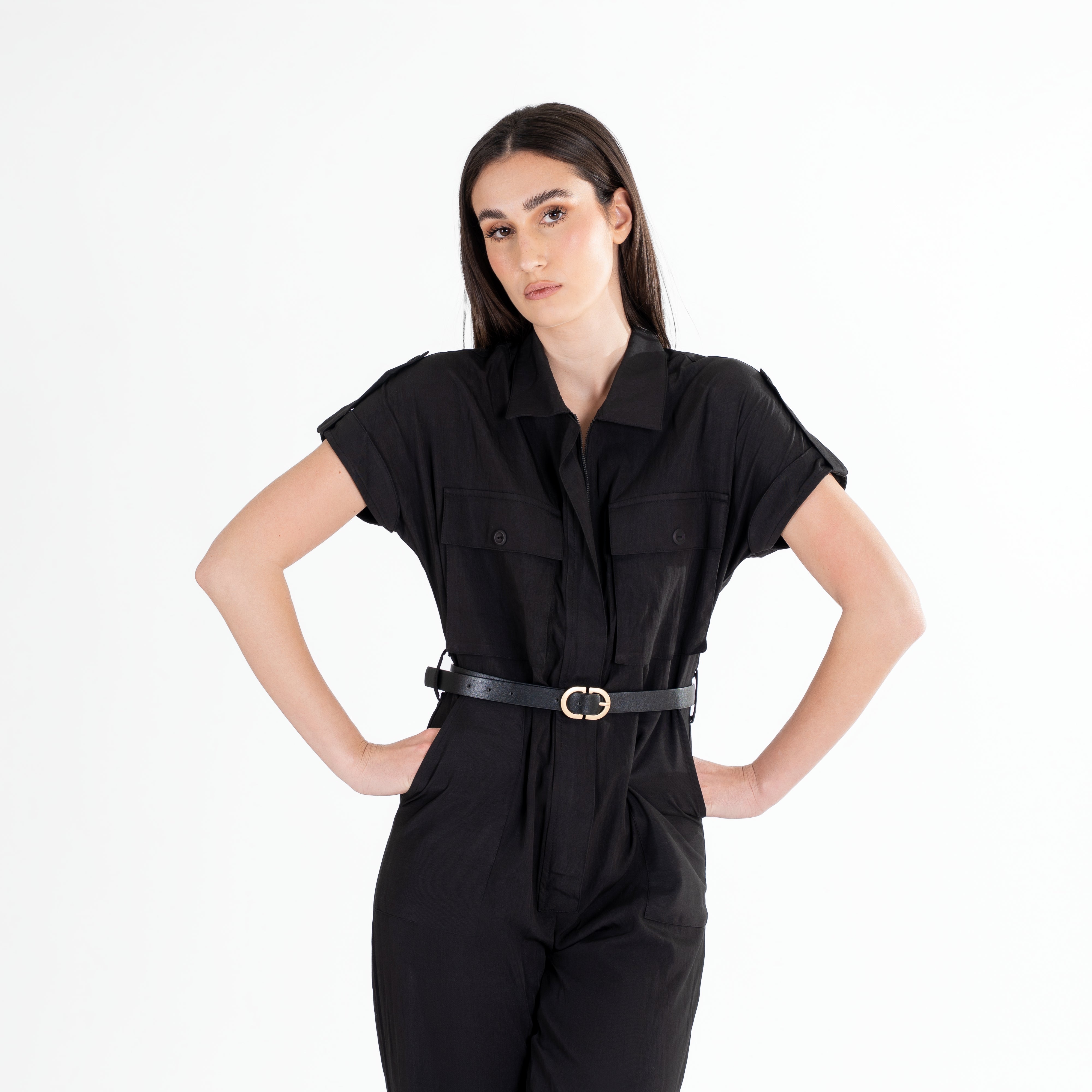 Utility-Inspired Short-Sleeve Jumpsuit