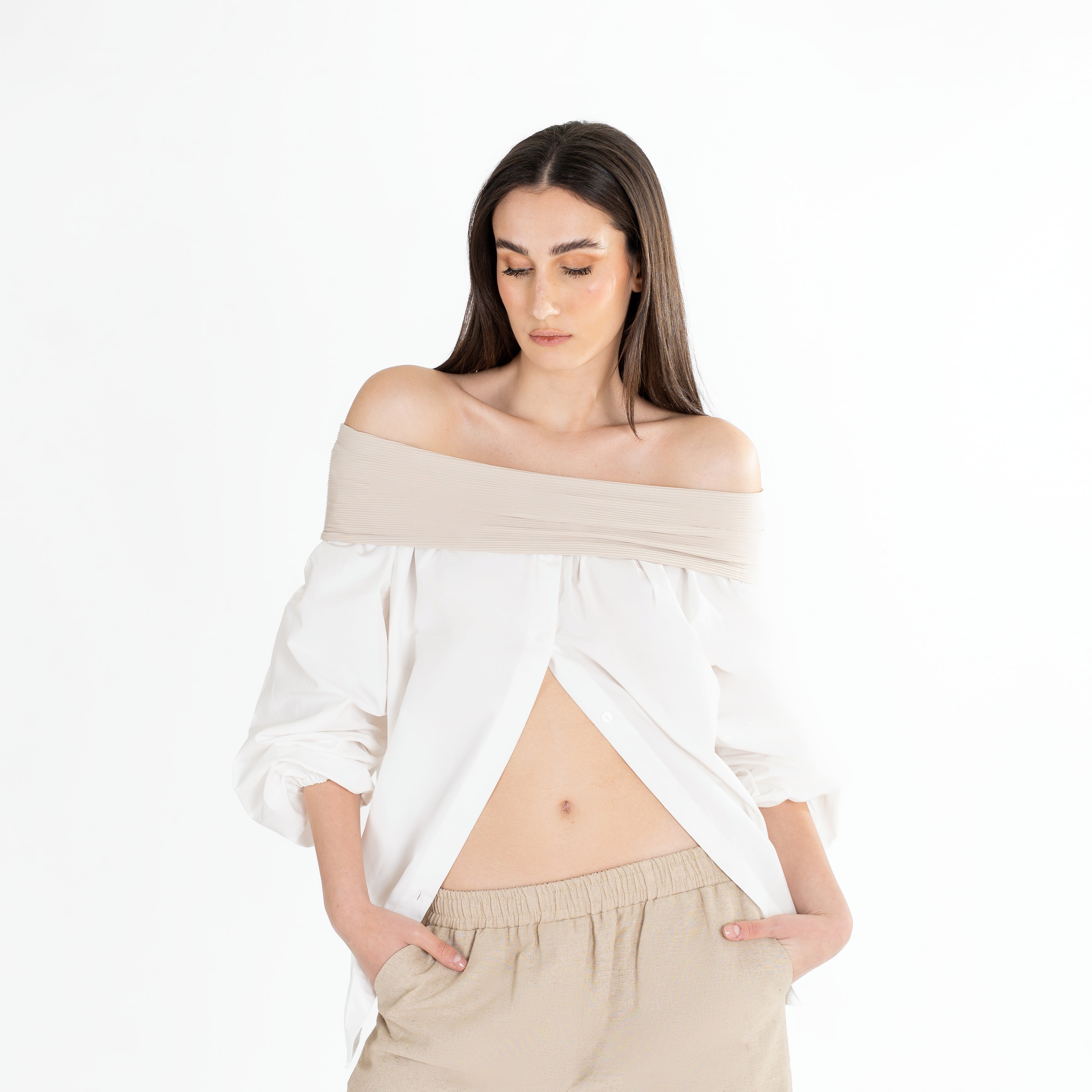 Buttons Off-Shoulder Shirt