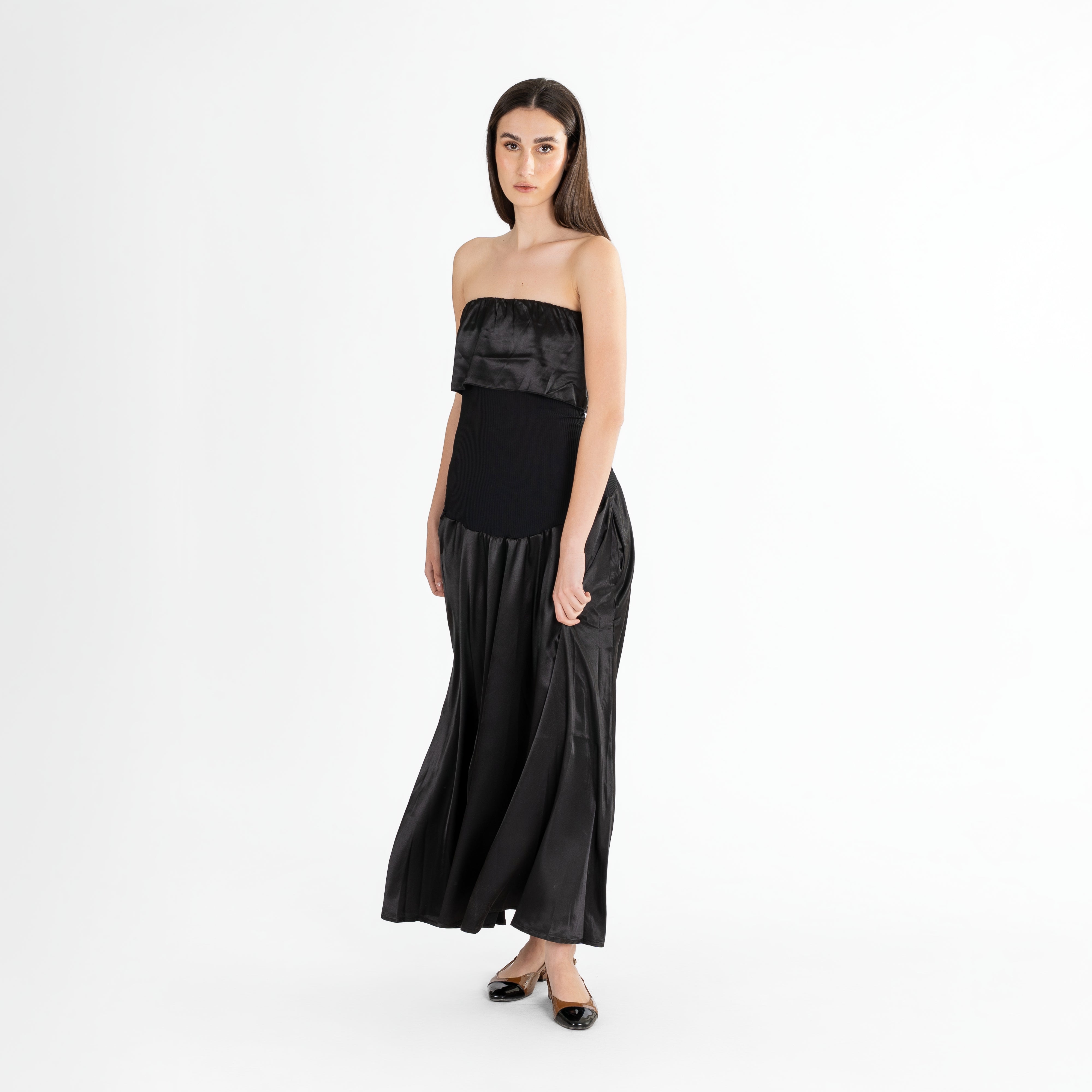 Bunched Strapless Satin & Ribbed Maxi Dress