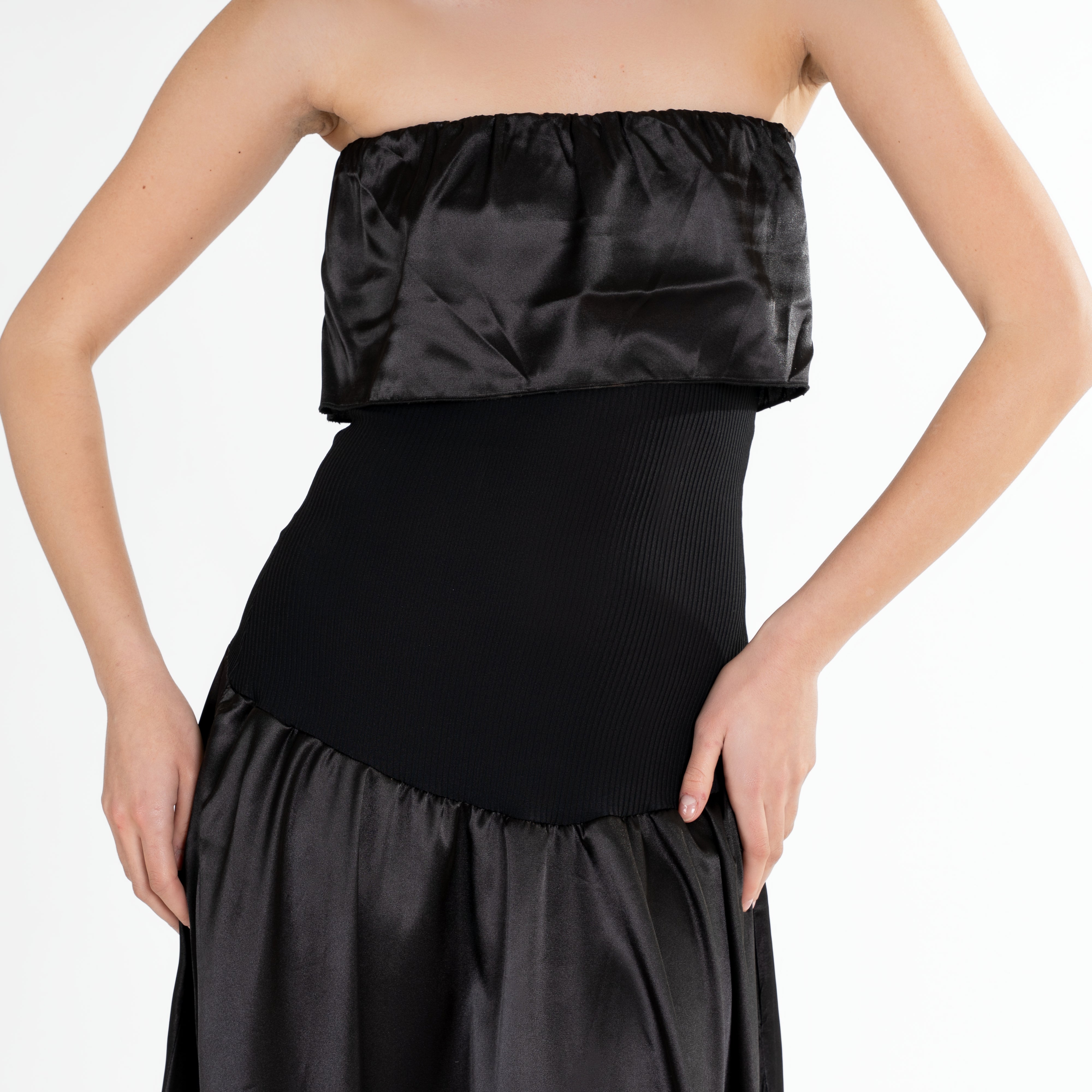 Bunched Strapless Satin & Ribbed Maxi Dress