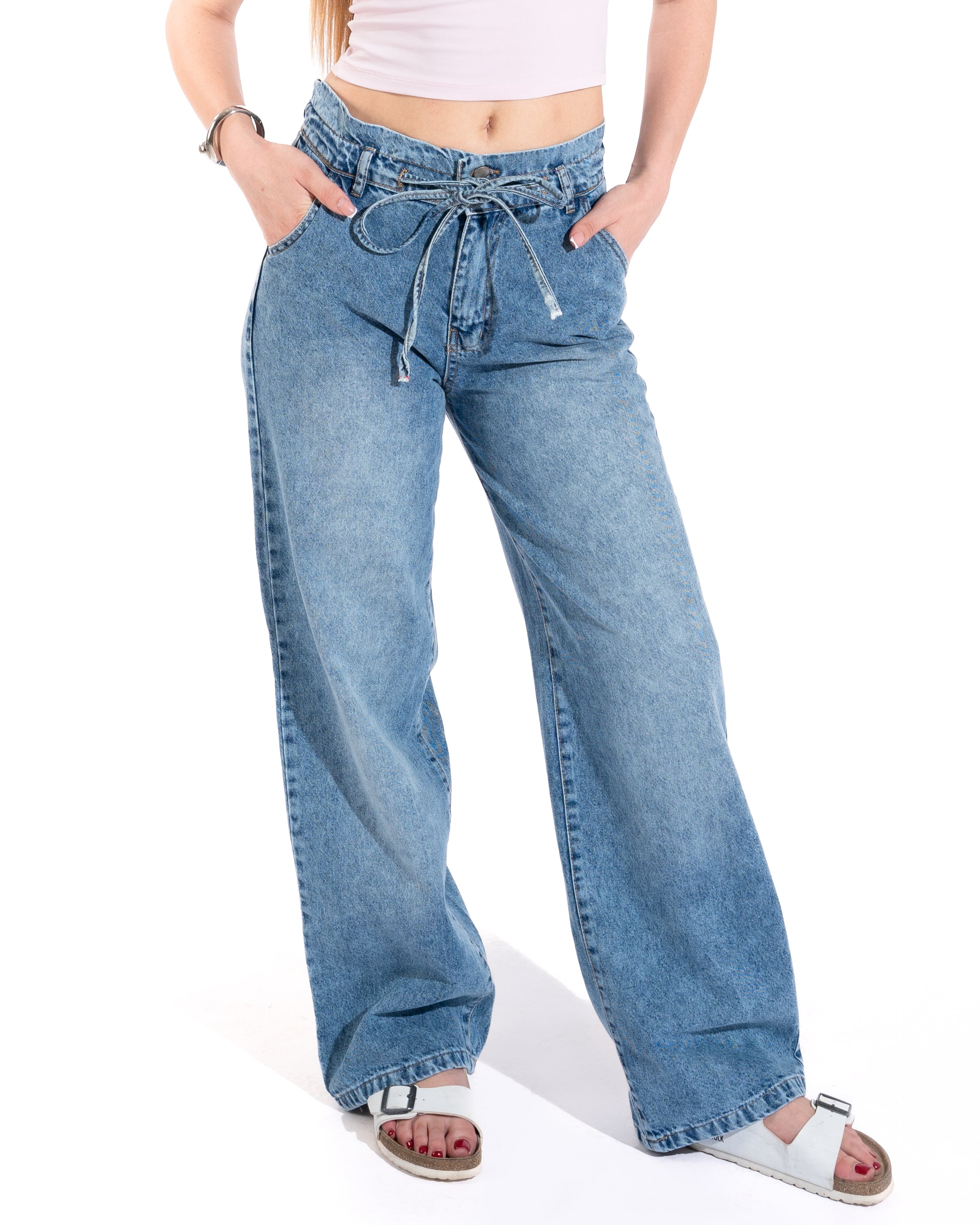 Paperbag Wide-Leg Denim Pants