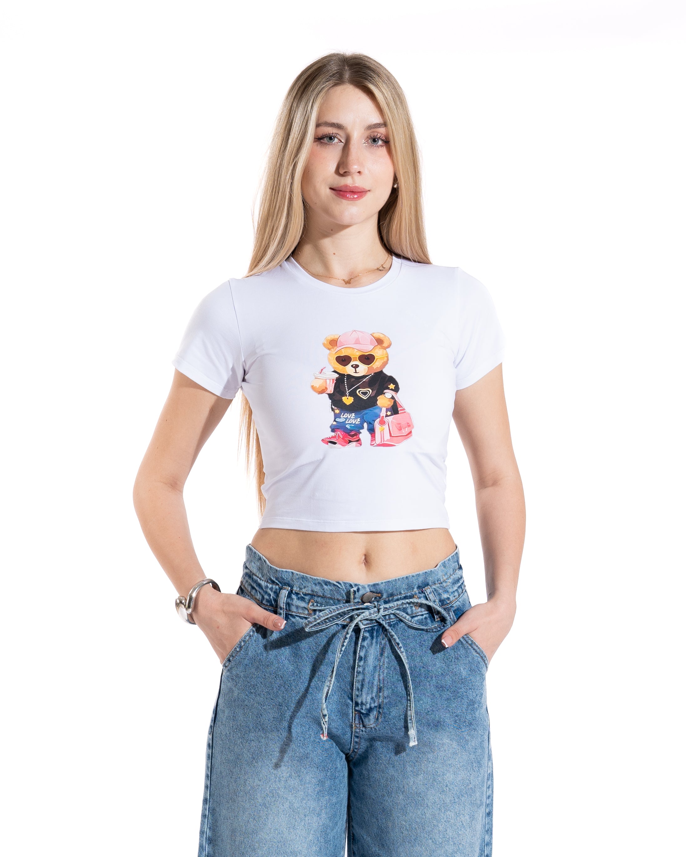 Trendy Teddy Bear Cropped Tee