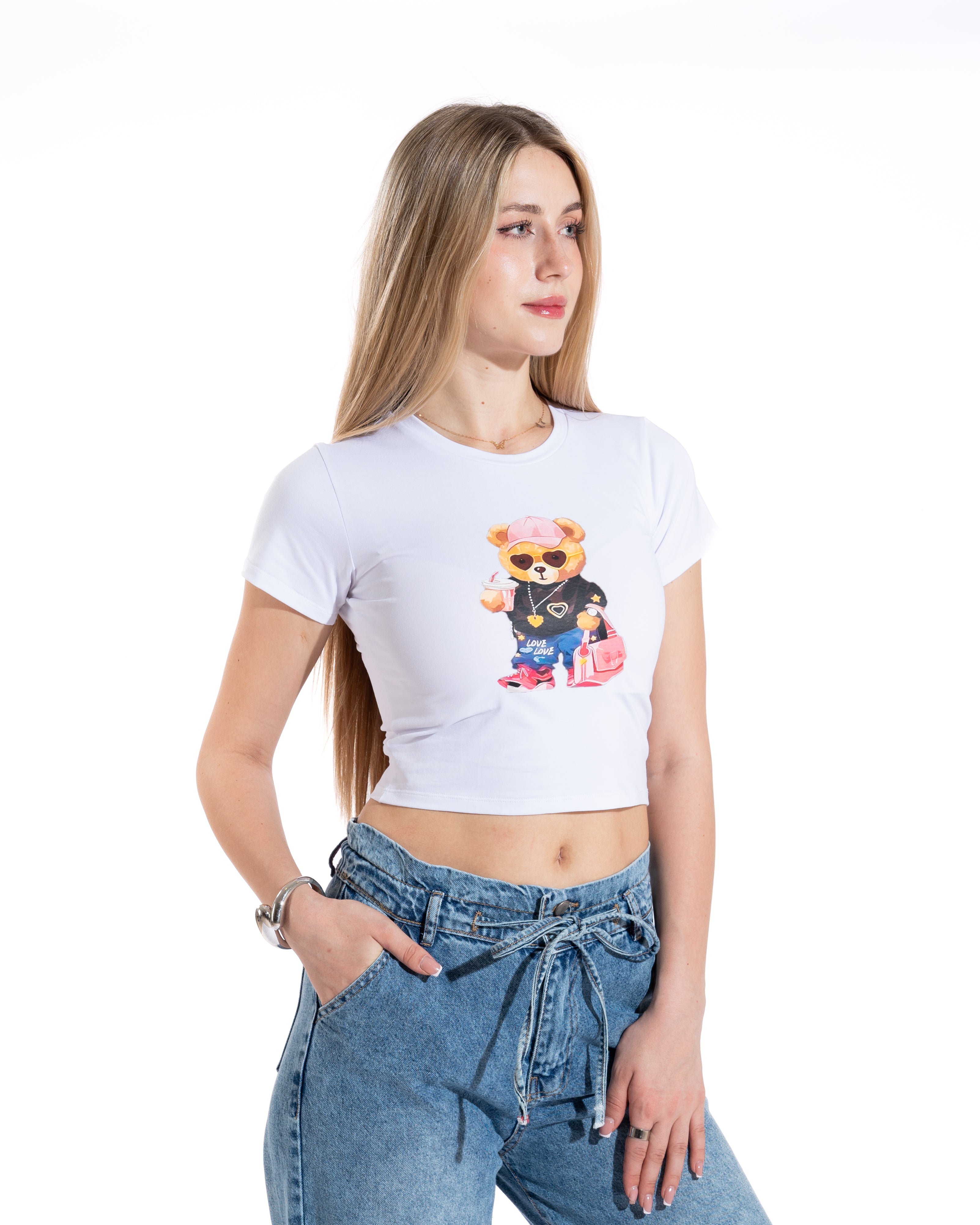 Trendy Teddy Bear Cropped Tee