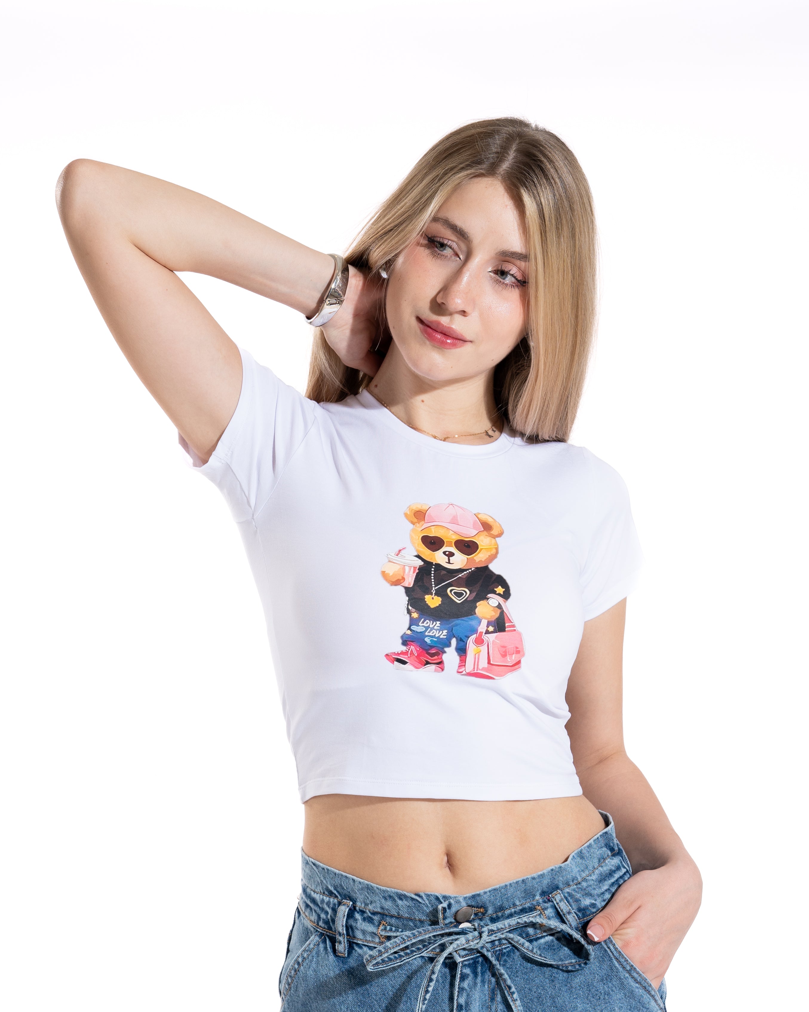 Trendy Teddy Bear Cropped Tee