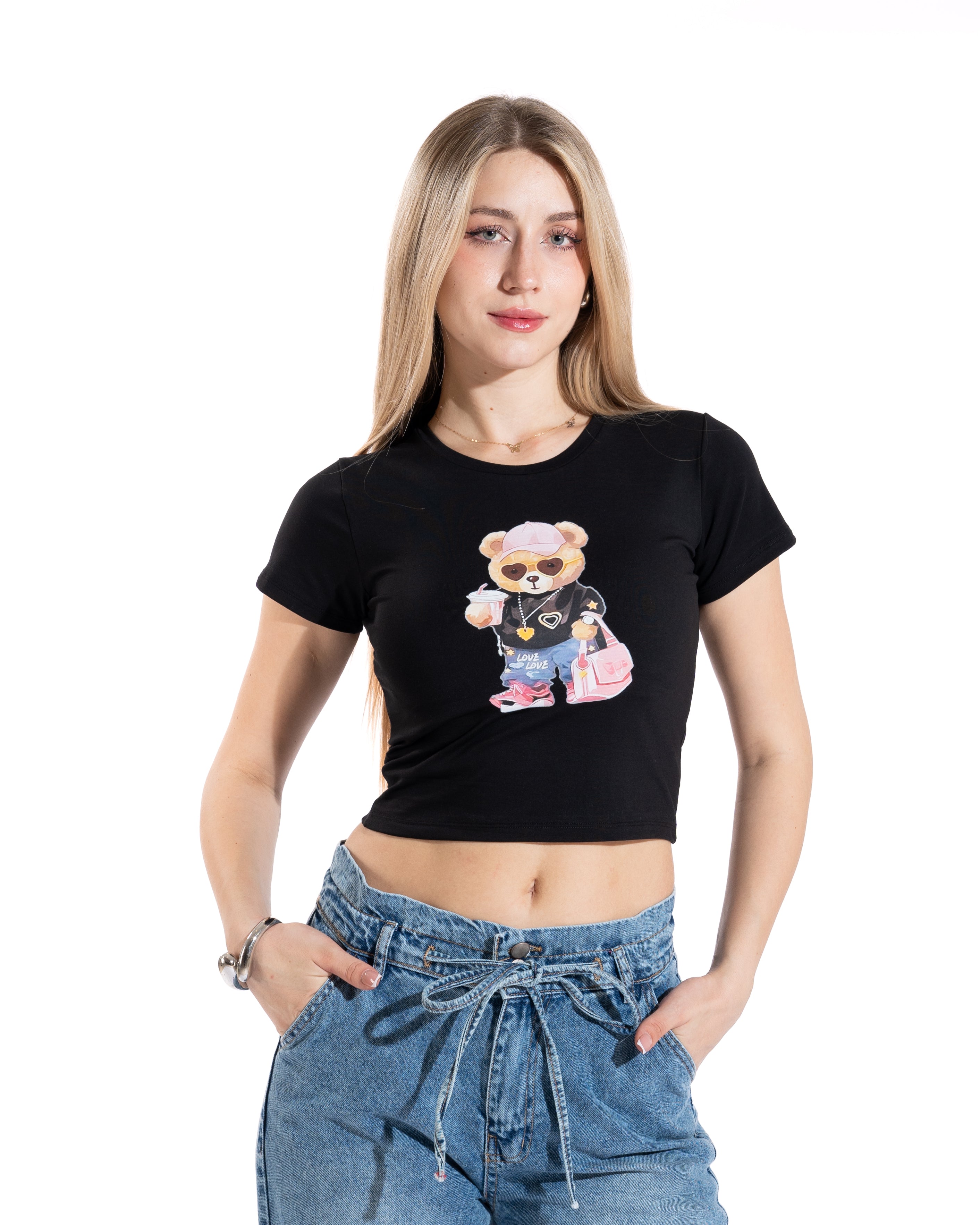 Trendy Teddy Bear Cropped Tee