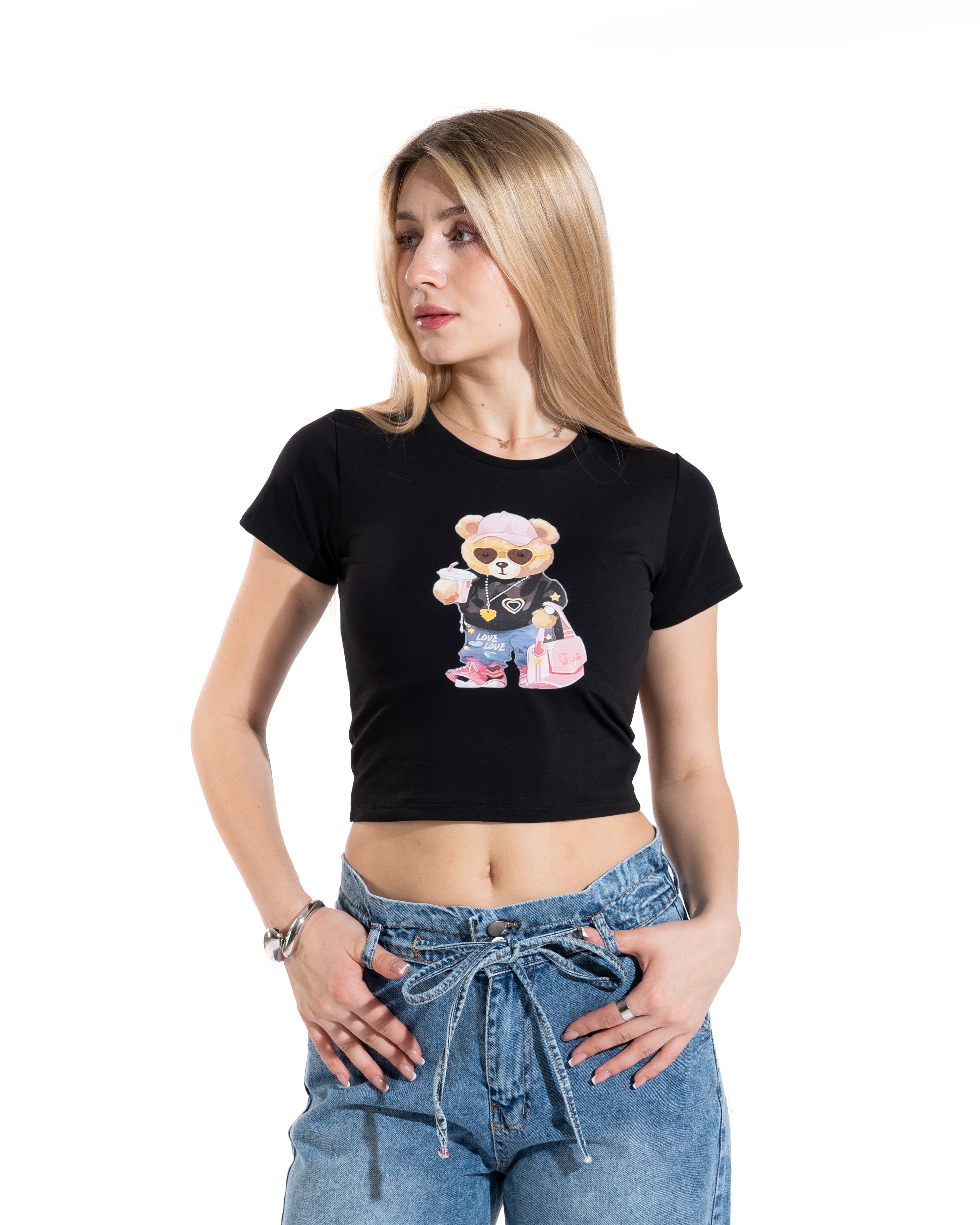 Trendy Teddy Bear Cropped Tee