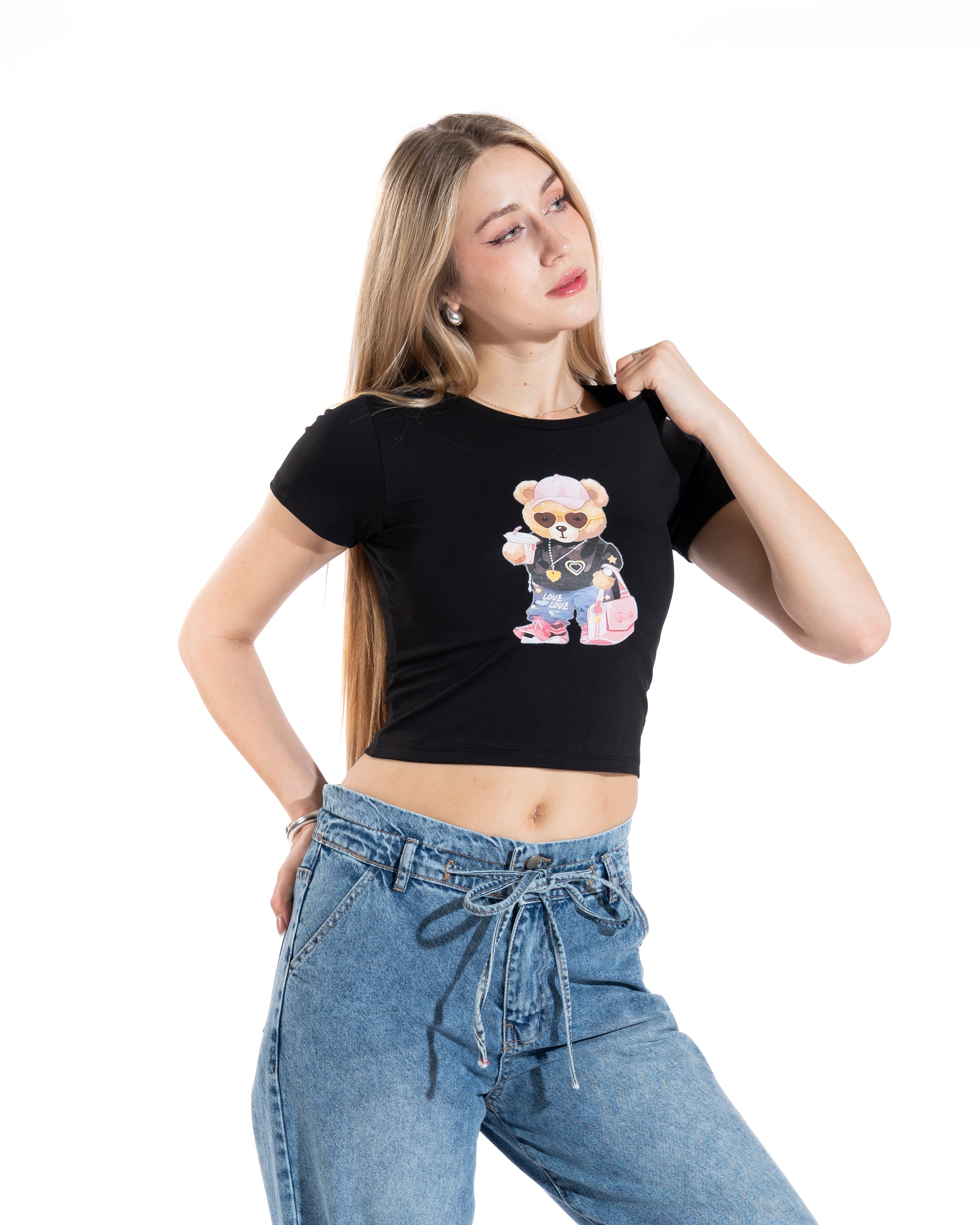 Trendy Teddy Bear Cropped Tee