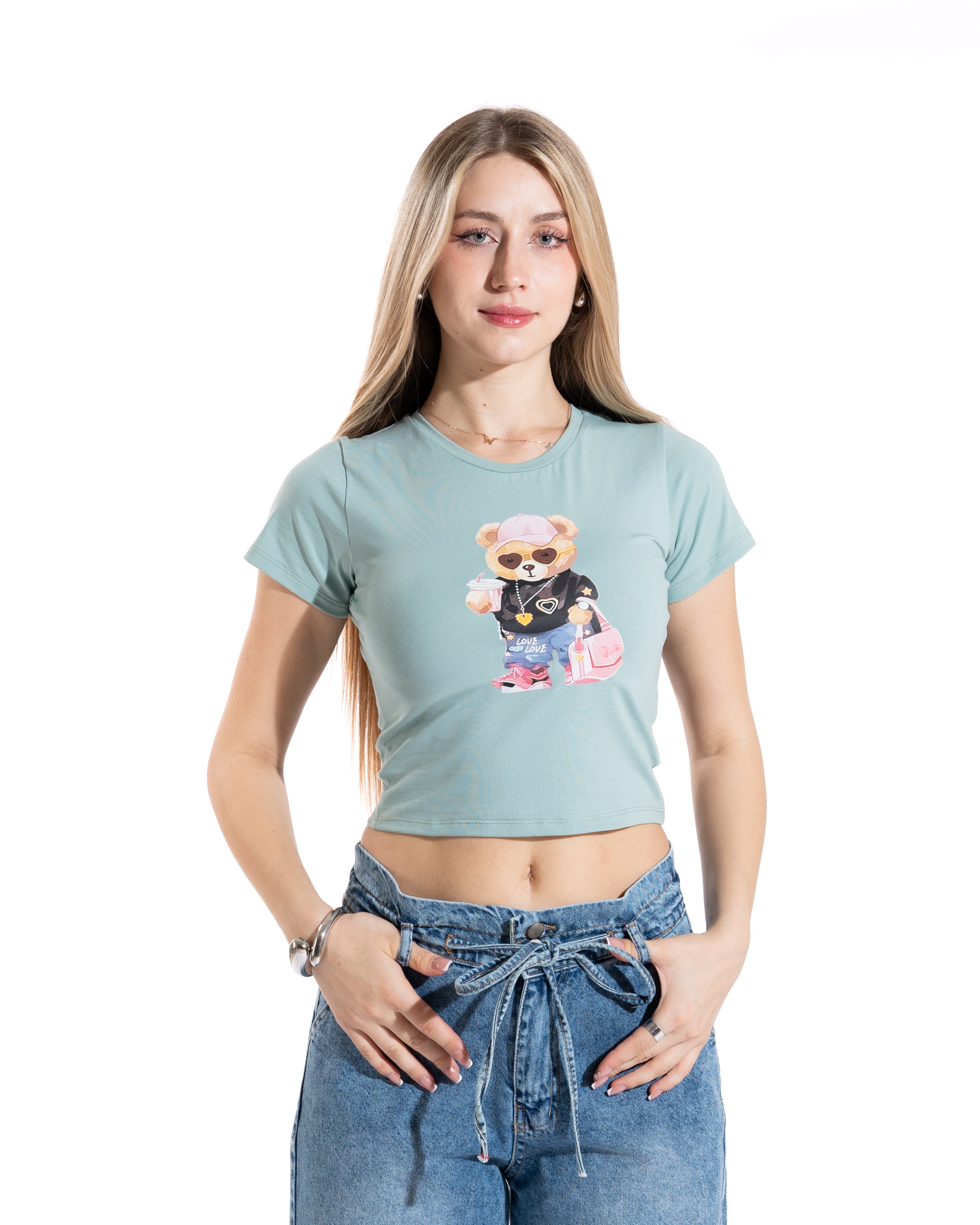 Trendy Teddy Bear Cropped Tee