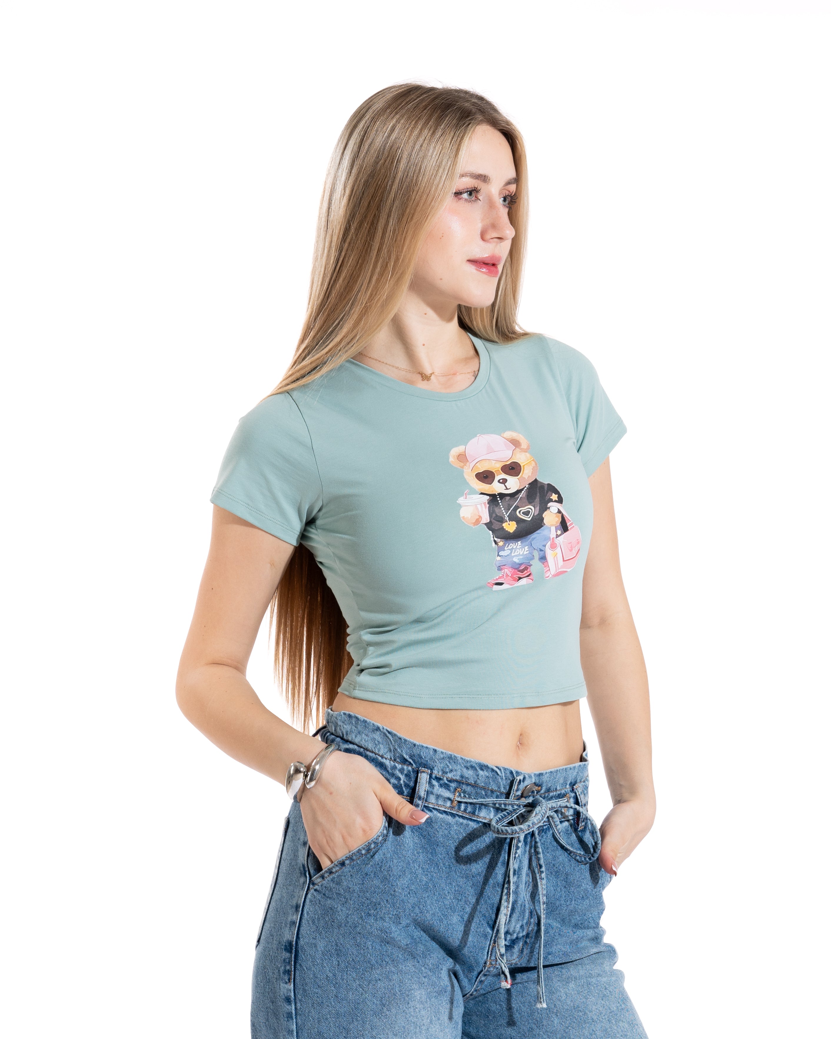 Trendy Teddy Bear Cropped Tee