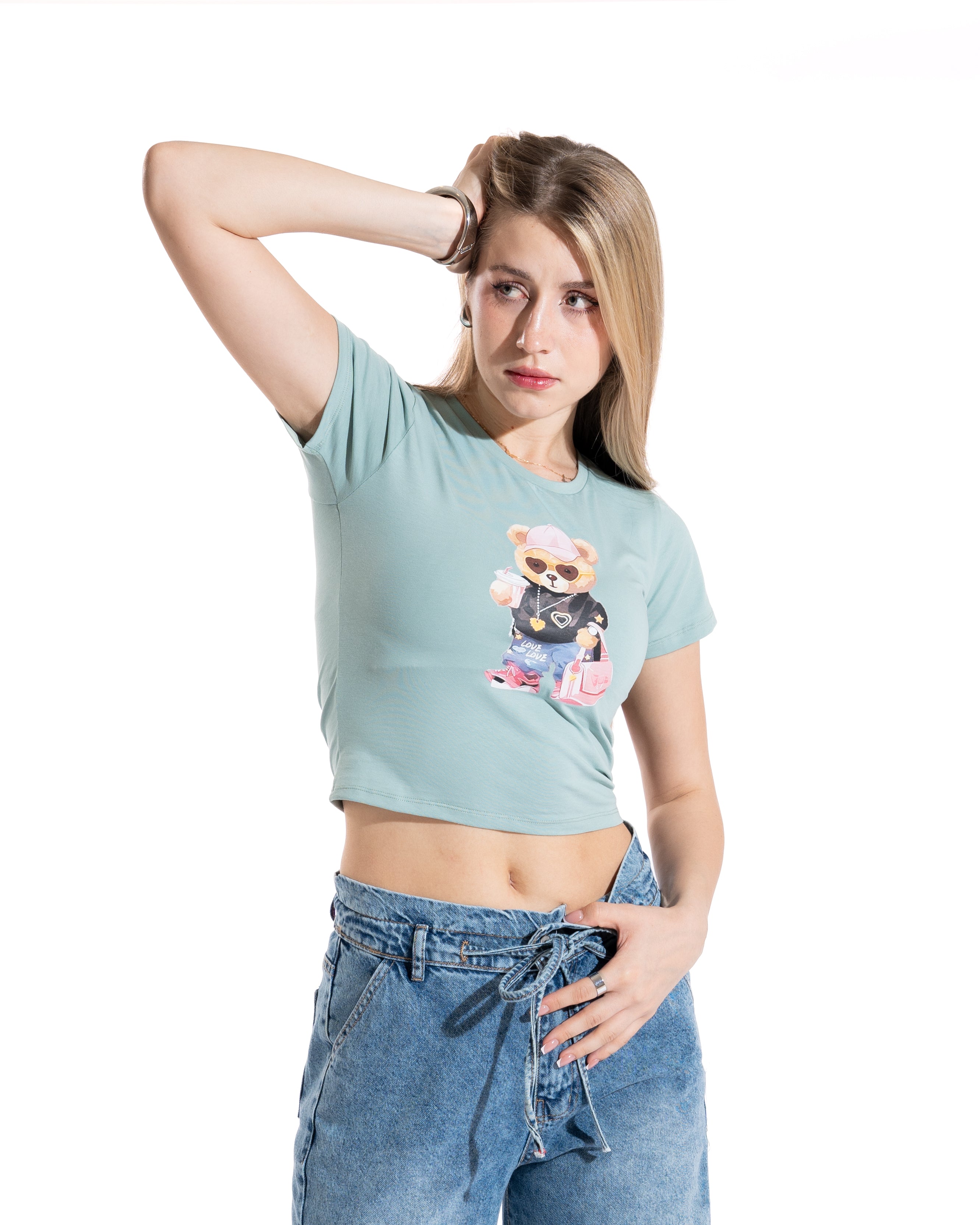 Trendy Teddy Bear Cropped Tee