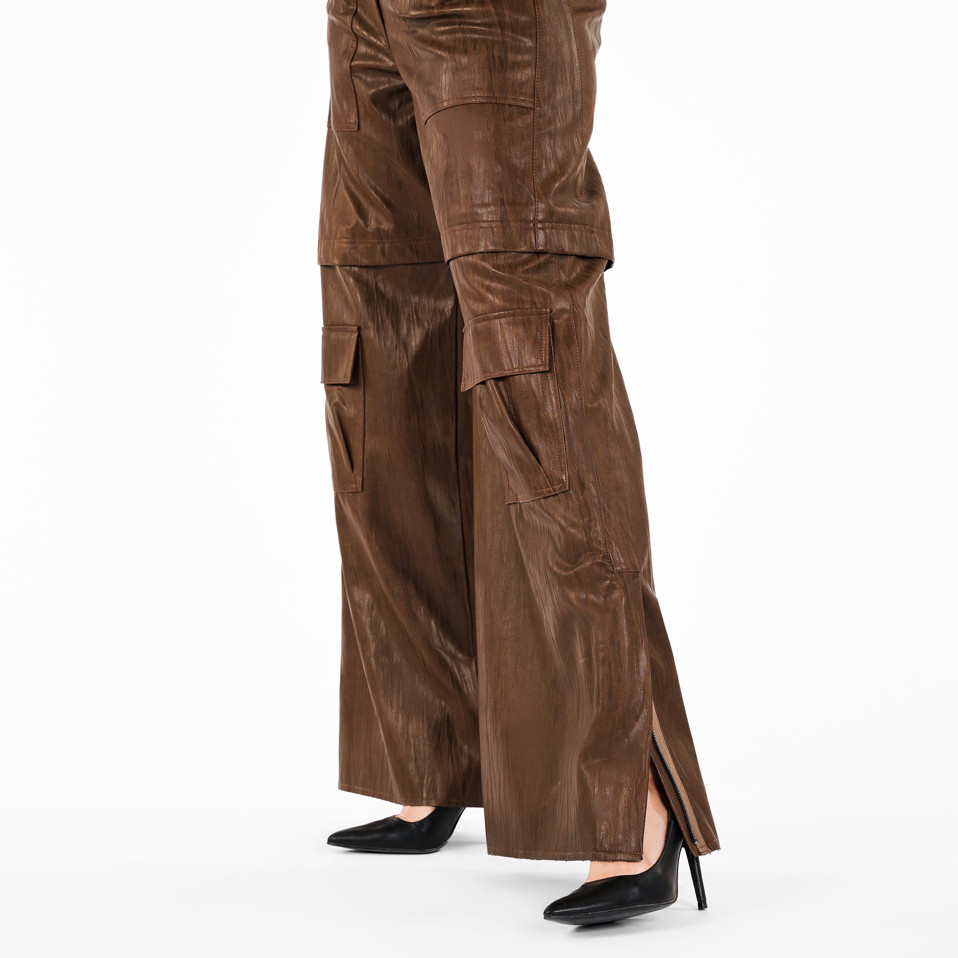 Faux Leather High Waist Wide Leg Cargo Pants