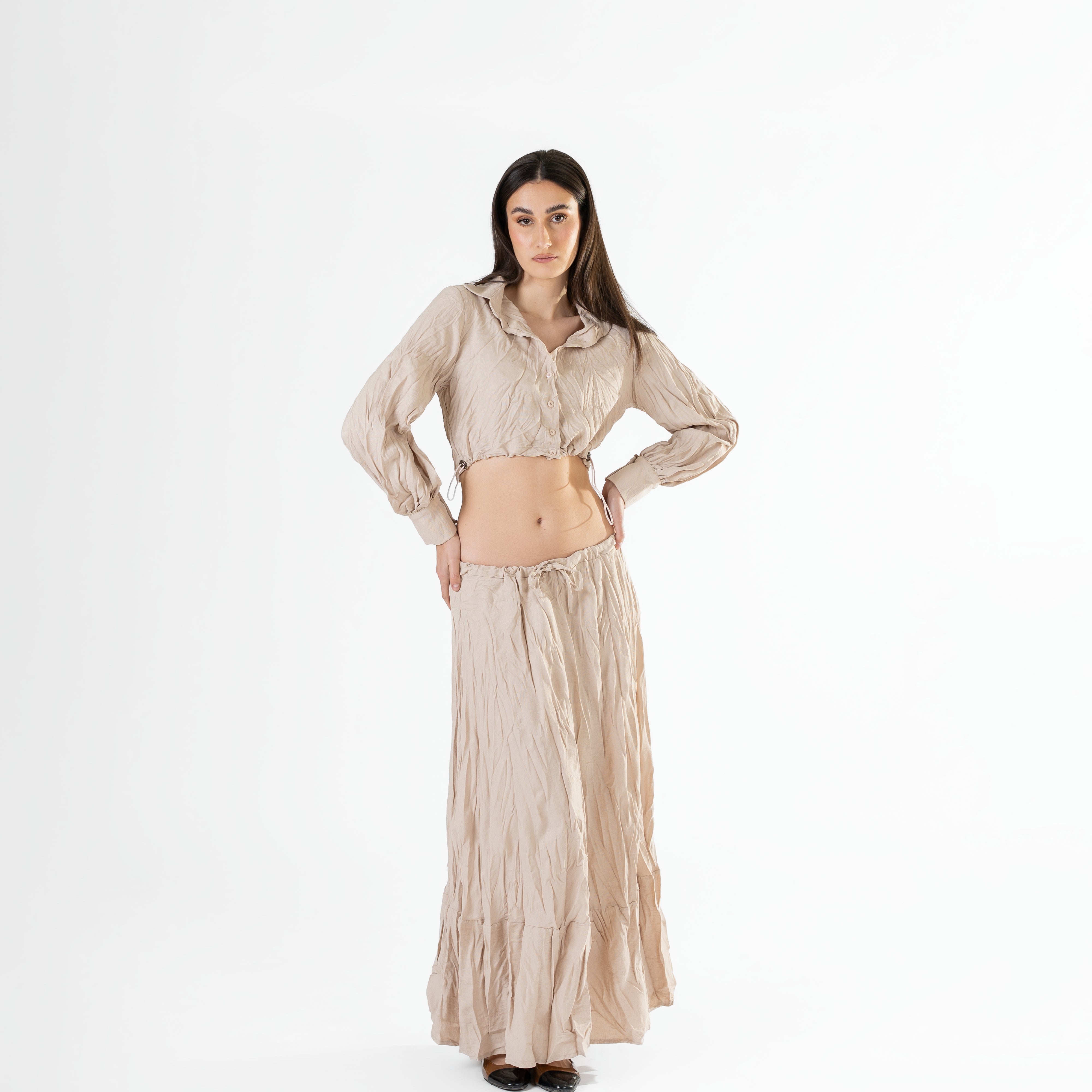Crinkle Cropped Button-Up Top