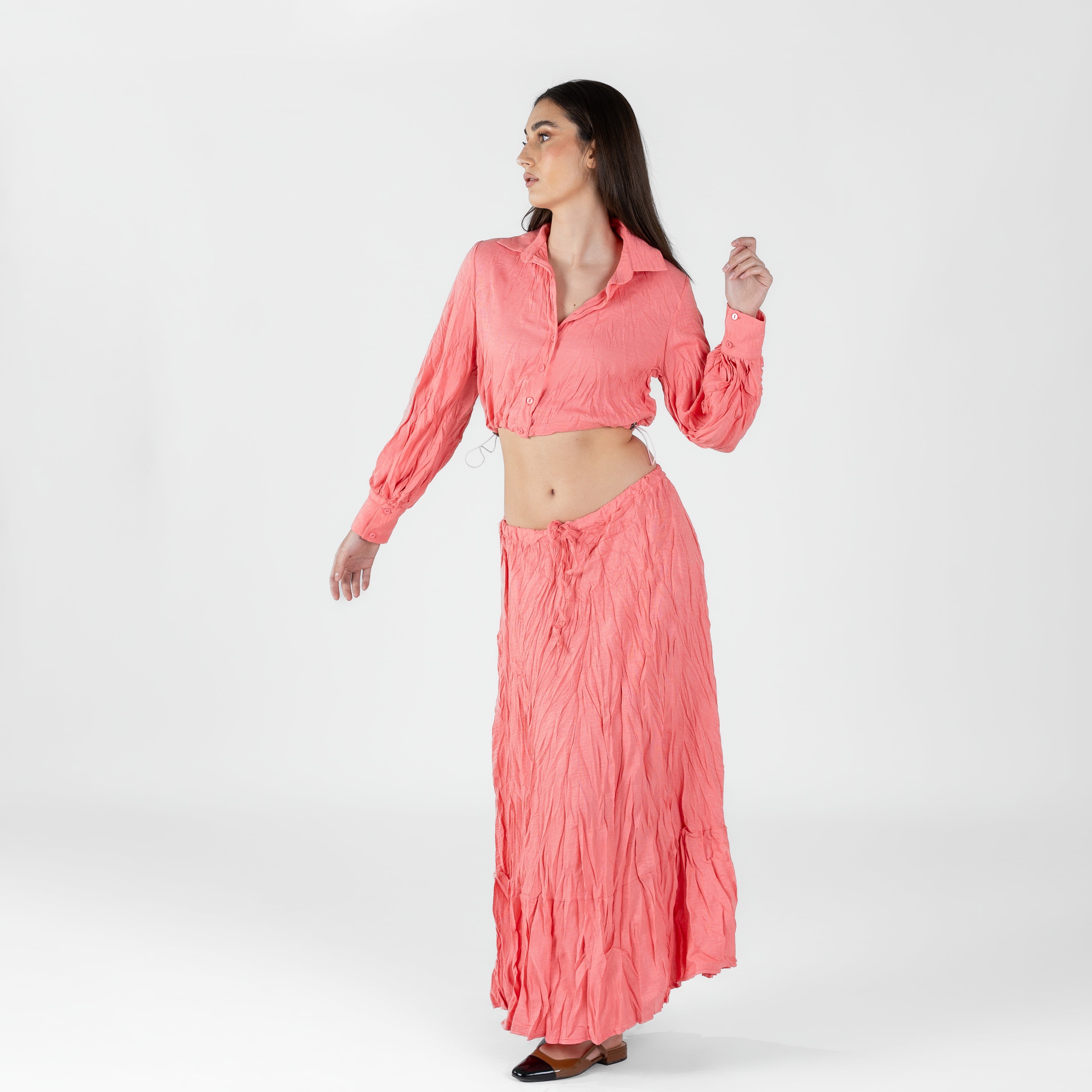 Crinkle Cropped Button-Up Top