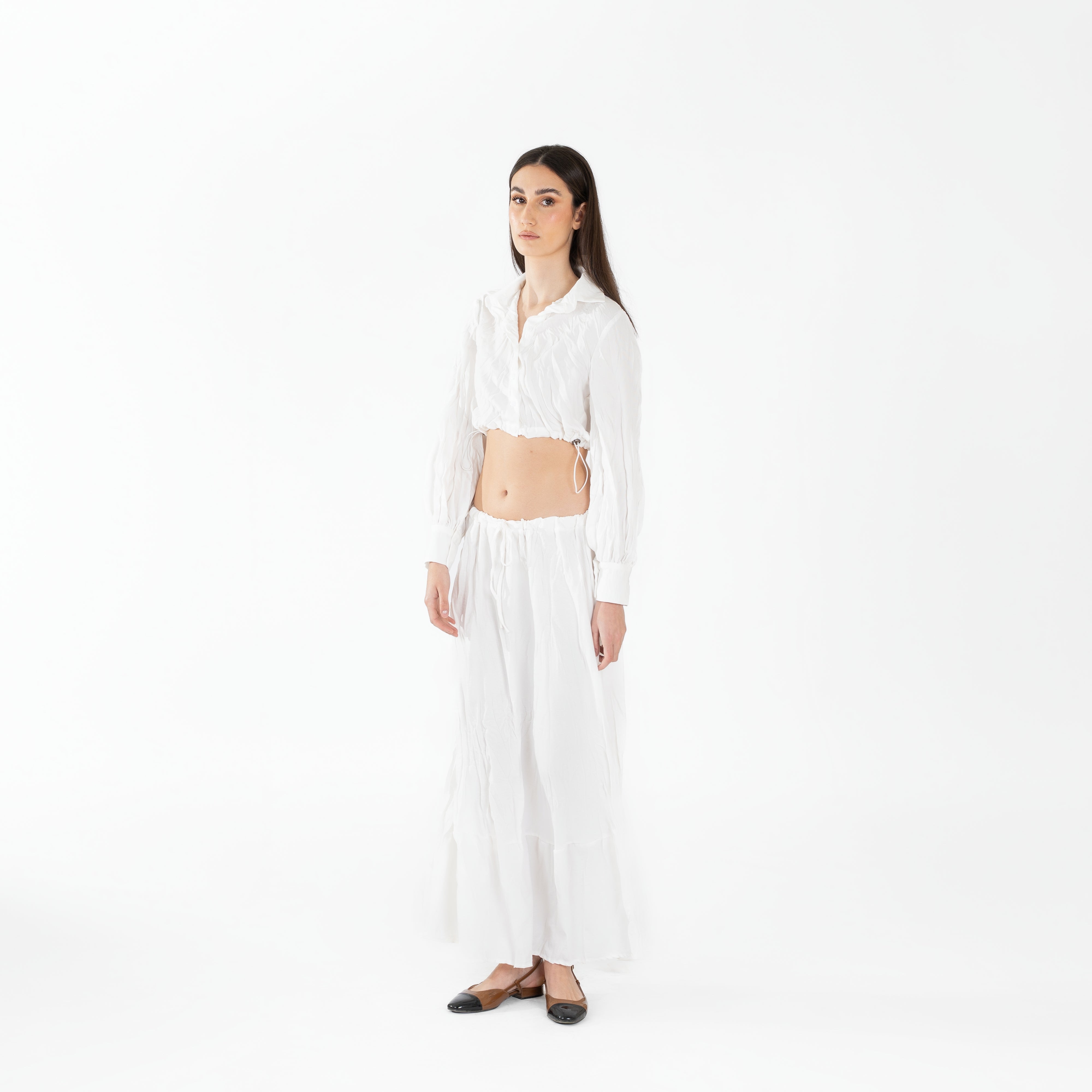 Crinkle Cropped Button-Up Top