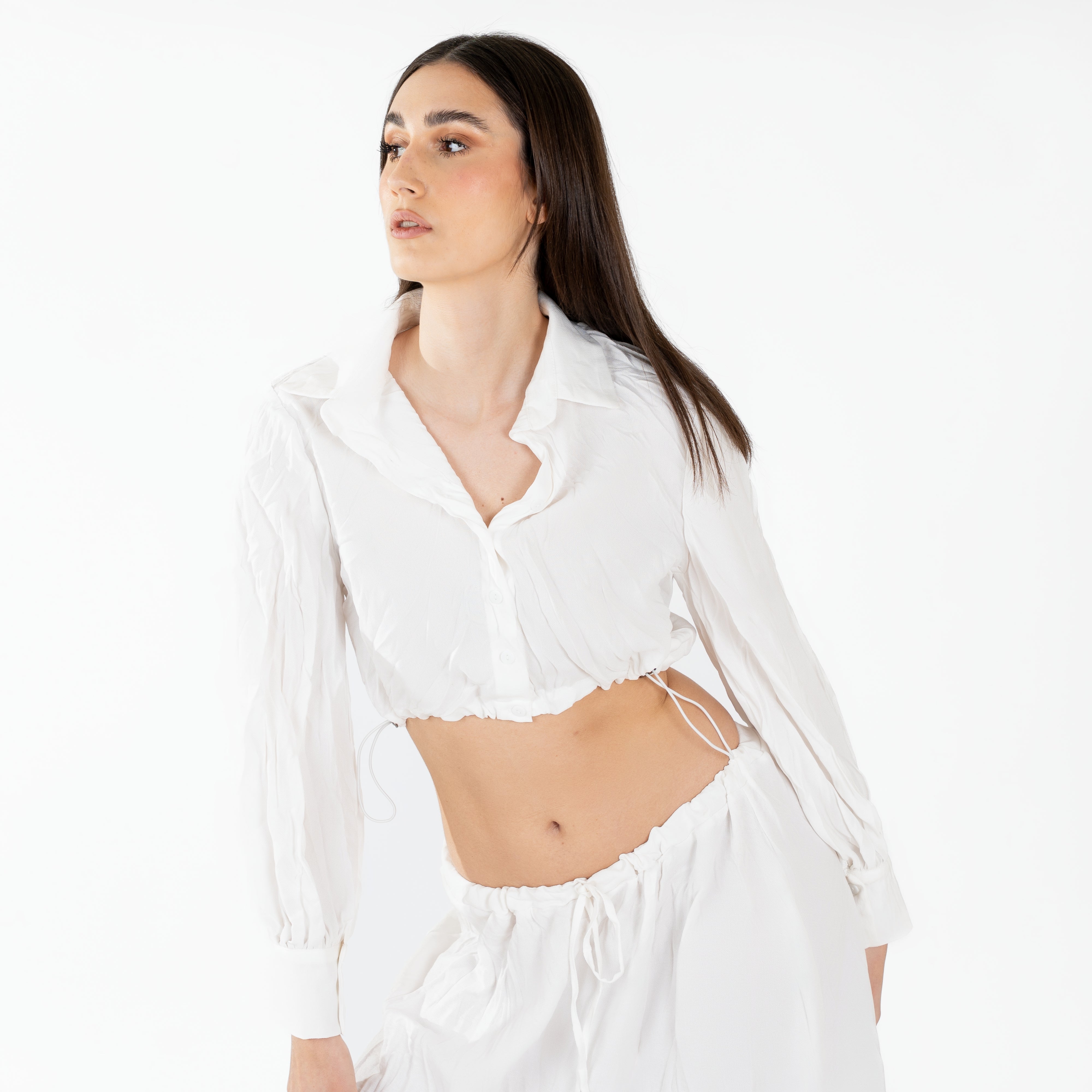 Crinkle Cropped Button-Up Top