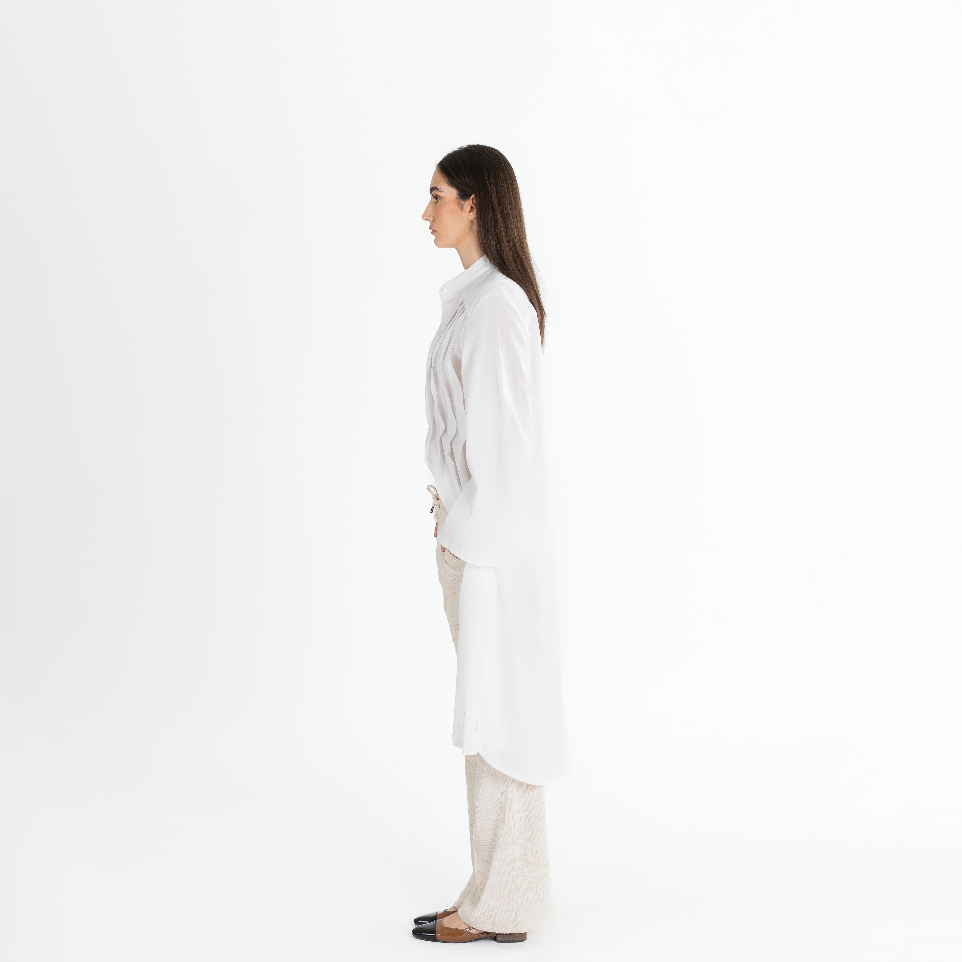 Long Pleated Button-Up Shirt