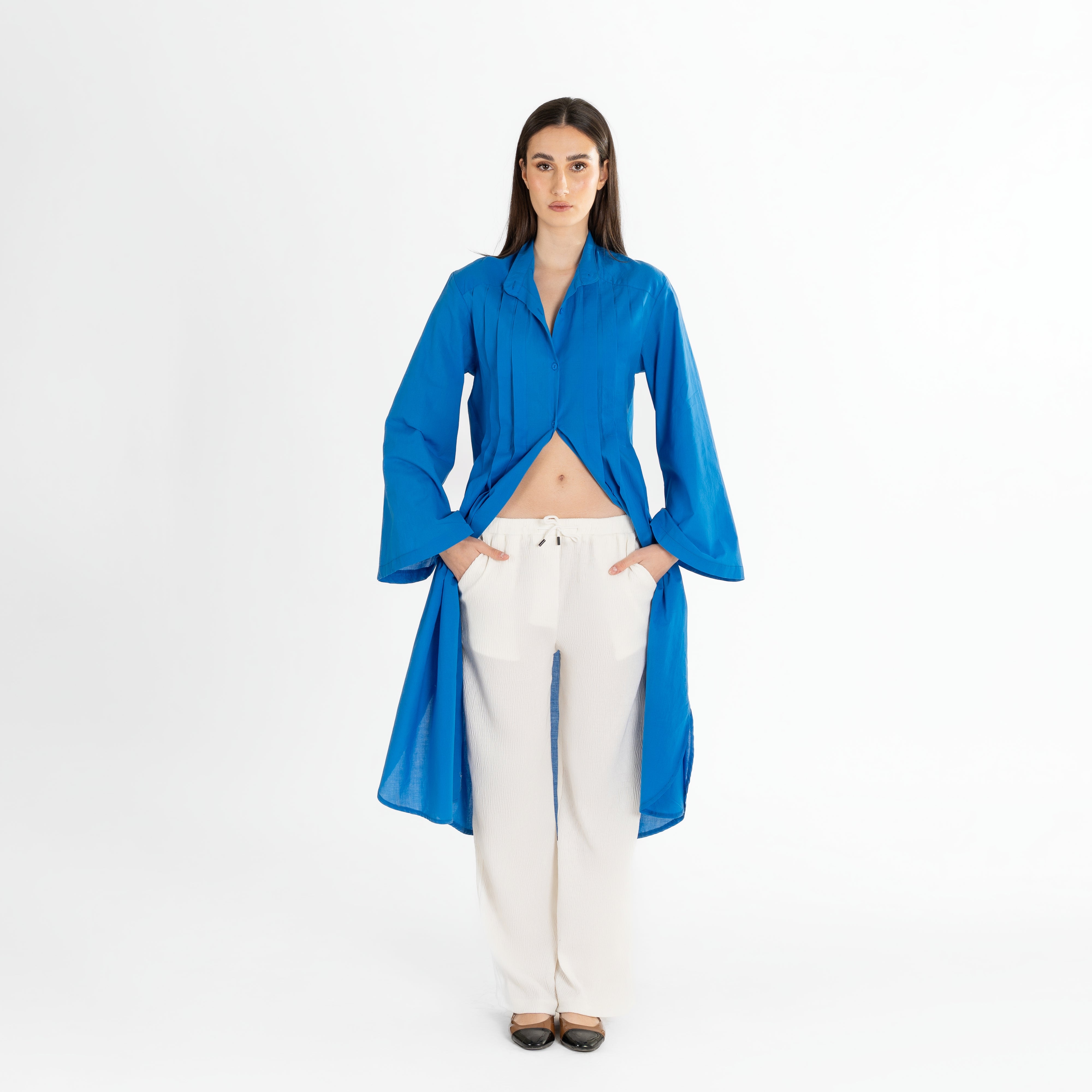 Long Pleated Button-Up Shirt