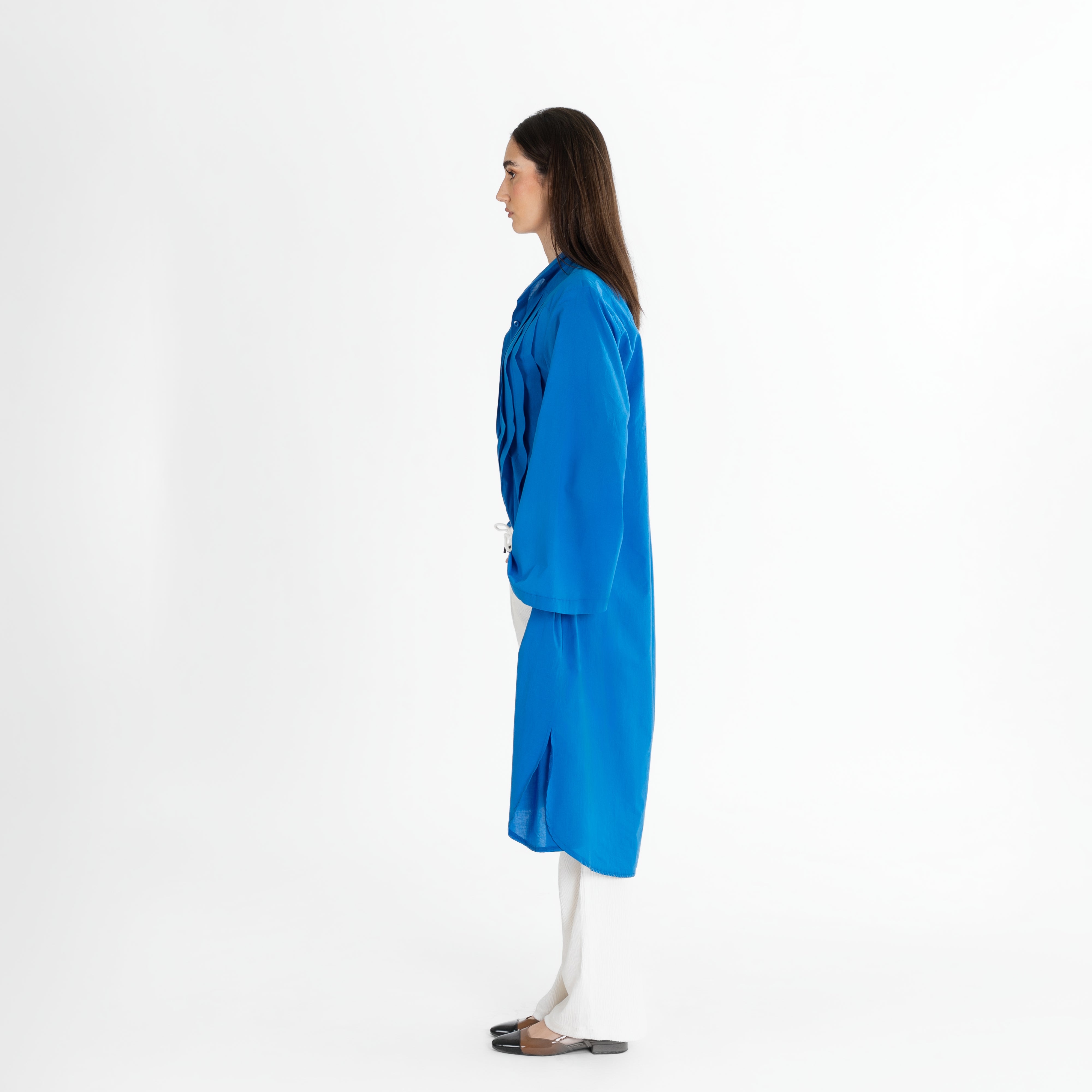 Long Pleated Button-Up Shirt