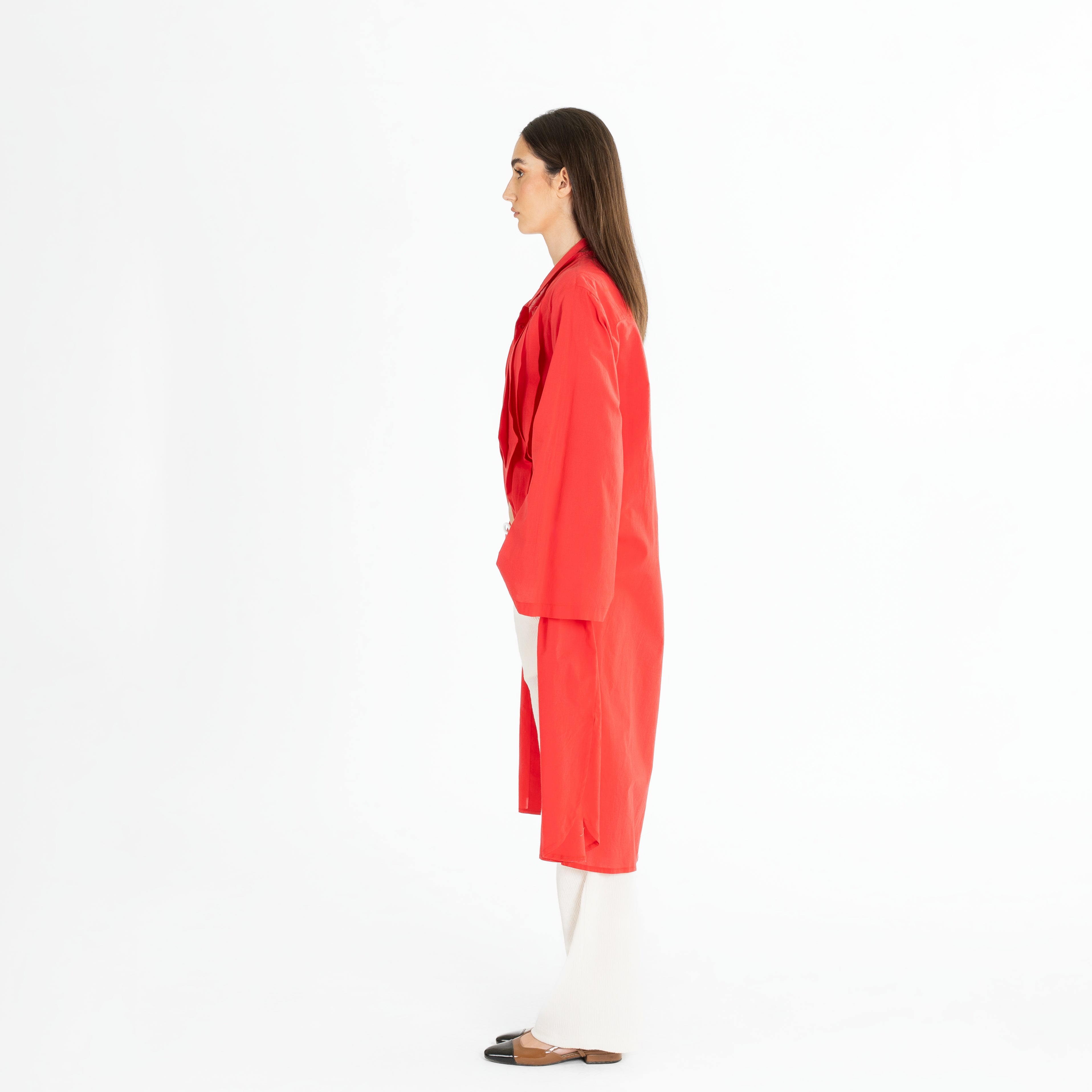 Long Pleated Button-Up Shirt