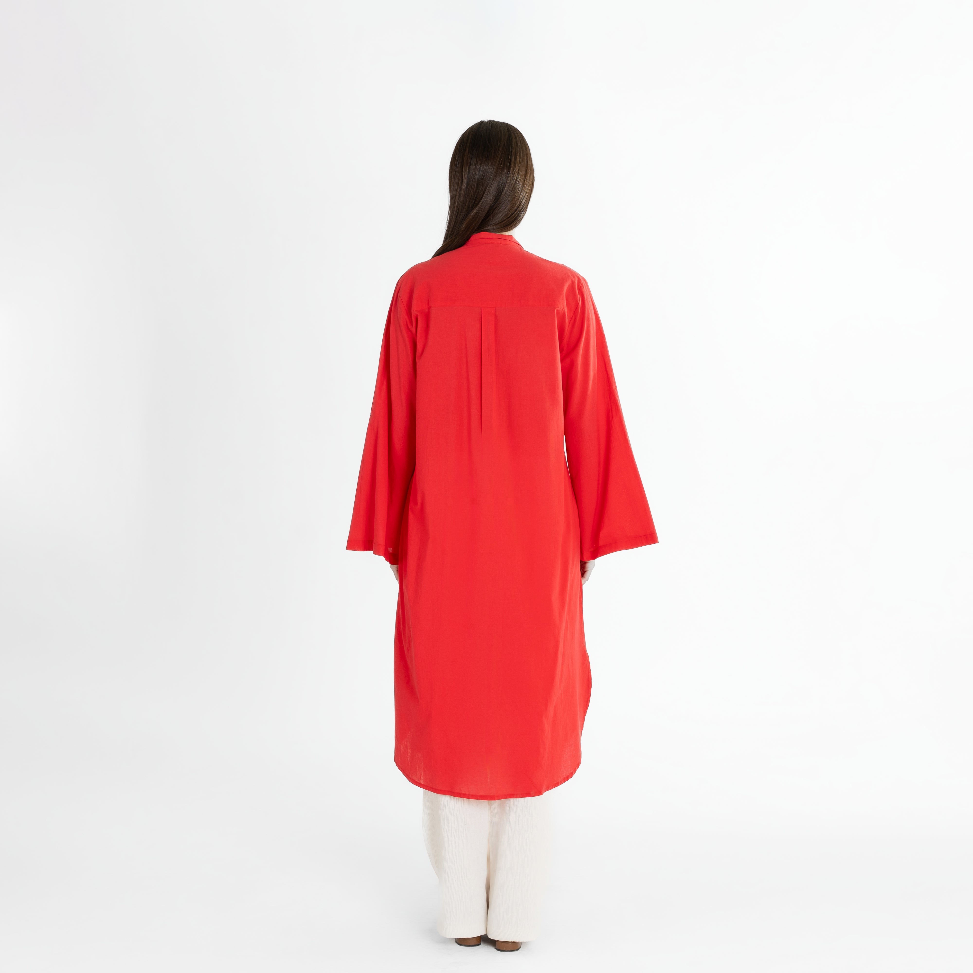 Long Pleated Button-Up Shirt