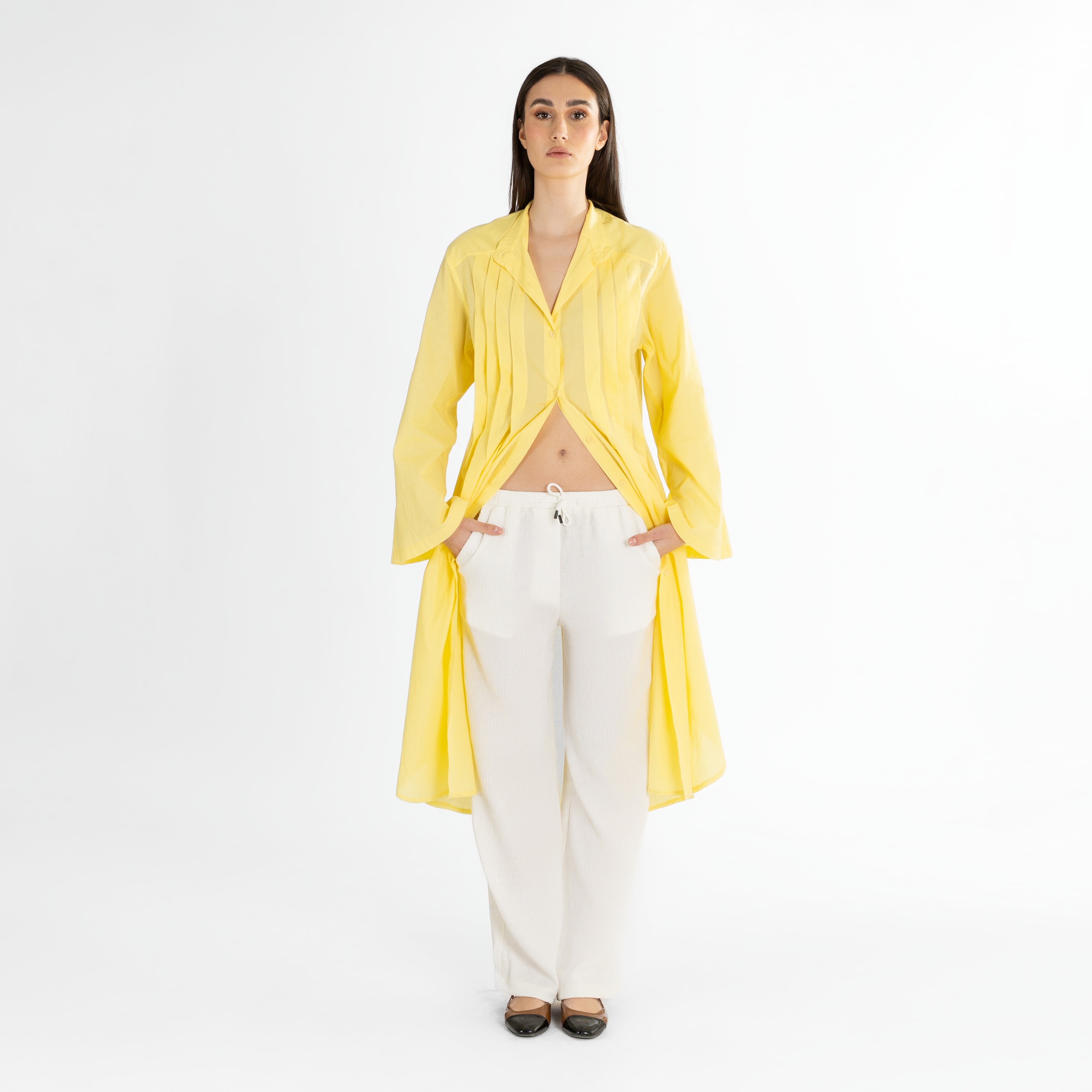 Long Pleated Button-Up Shirt