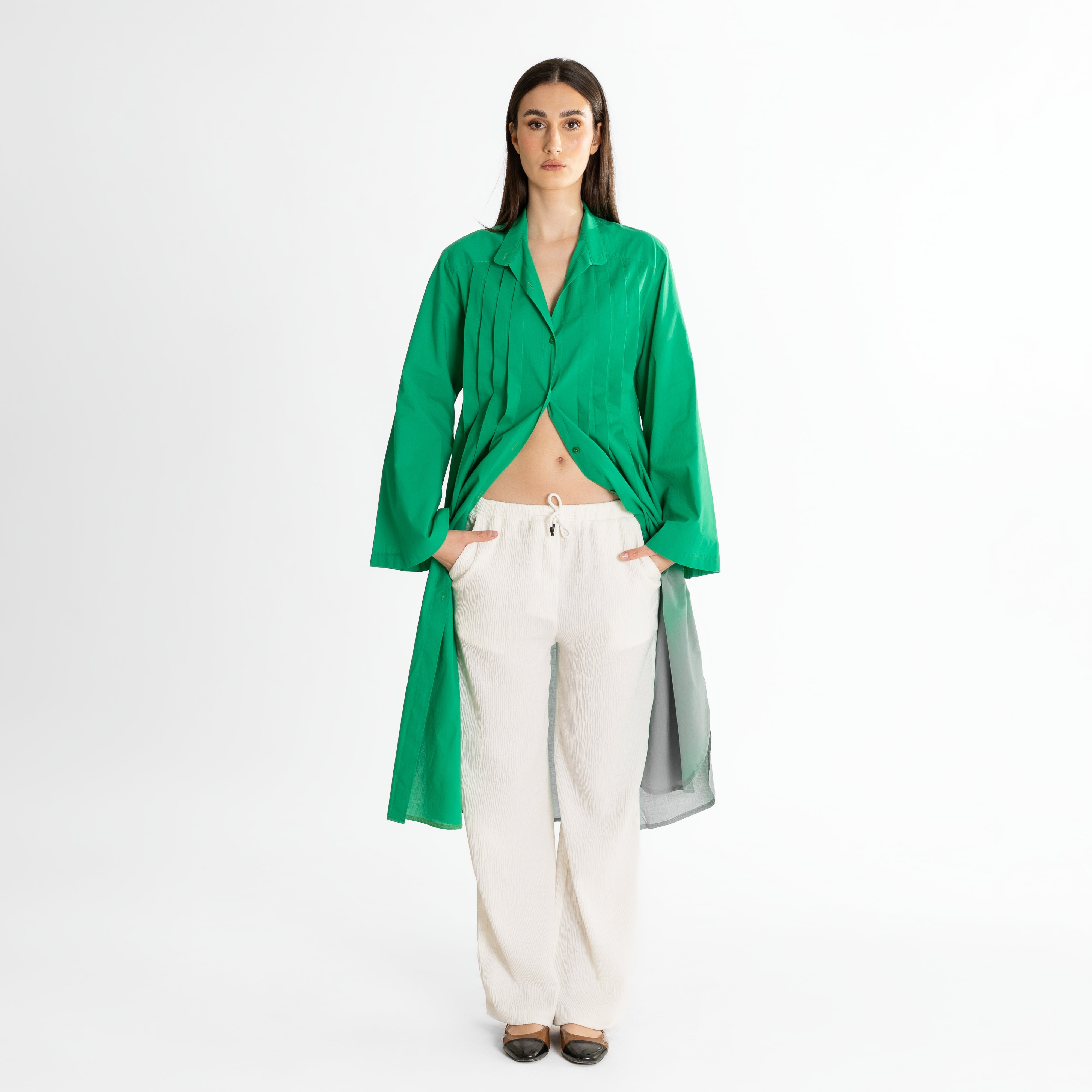 Long Pleated Button-Up Shirt