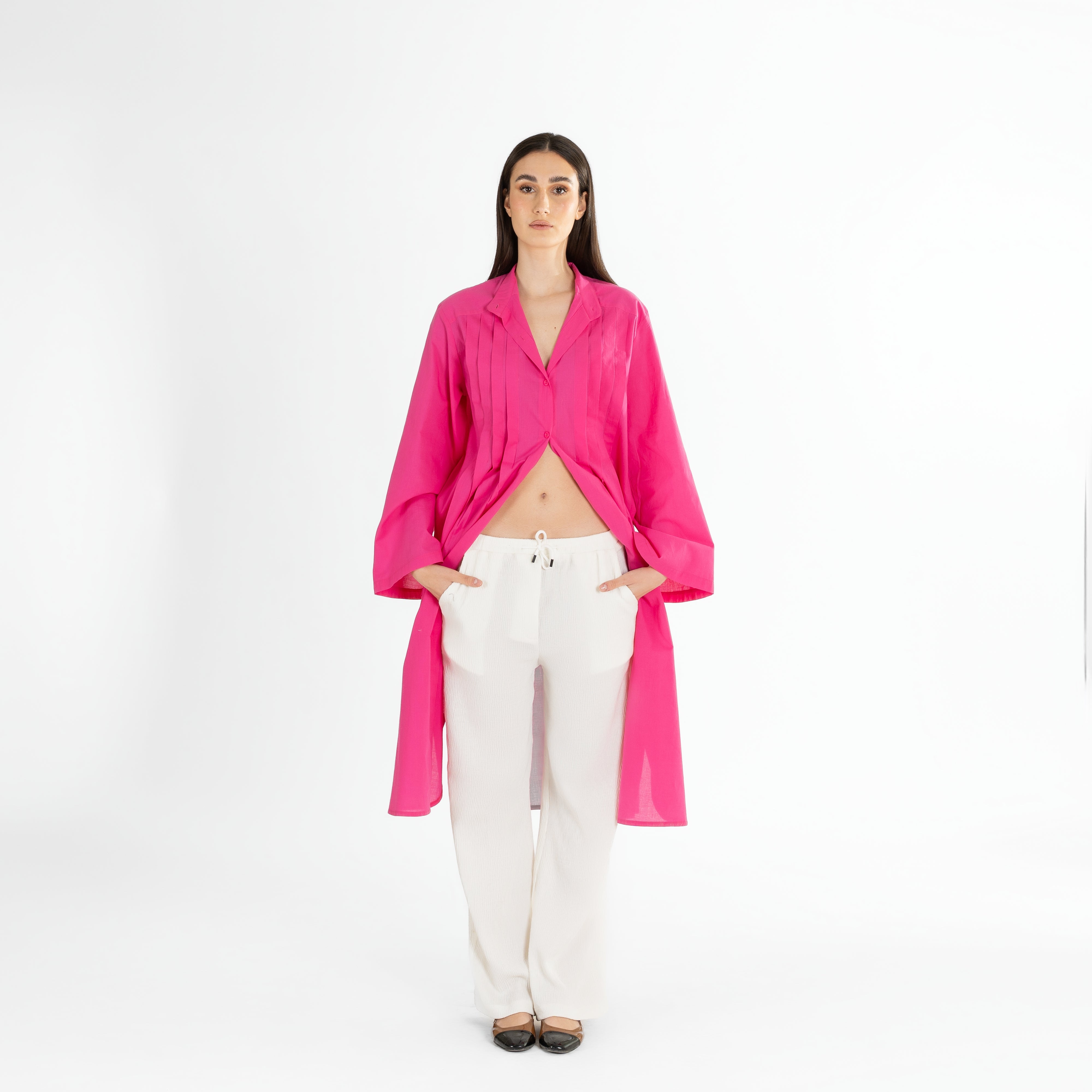 Long Pleated Button-Up Shirt