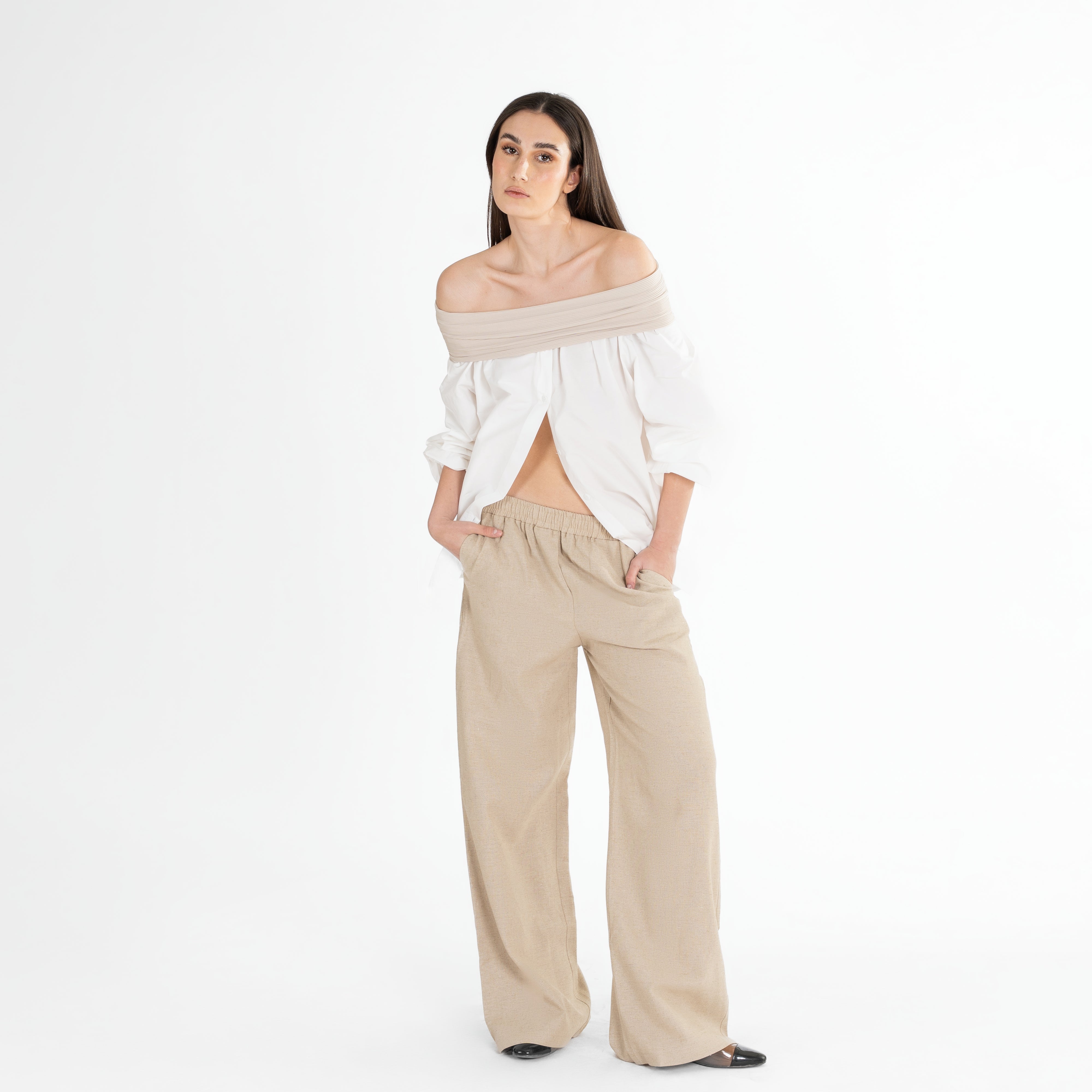 Buttons Off-Shoulder Shirt