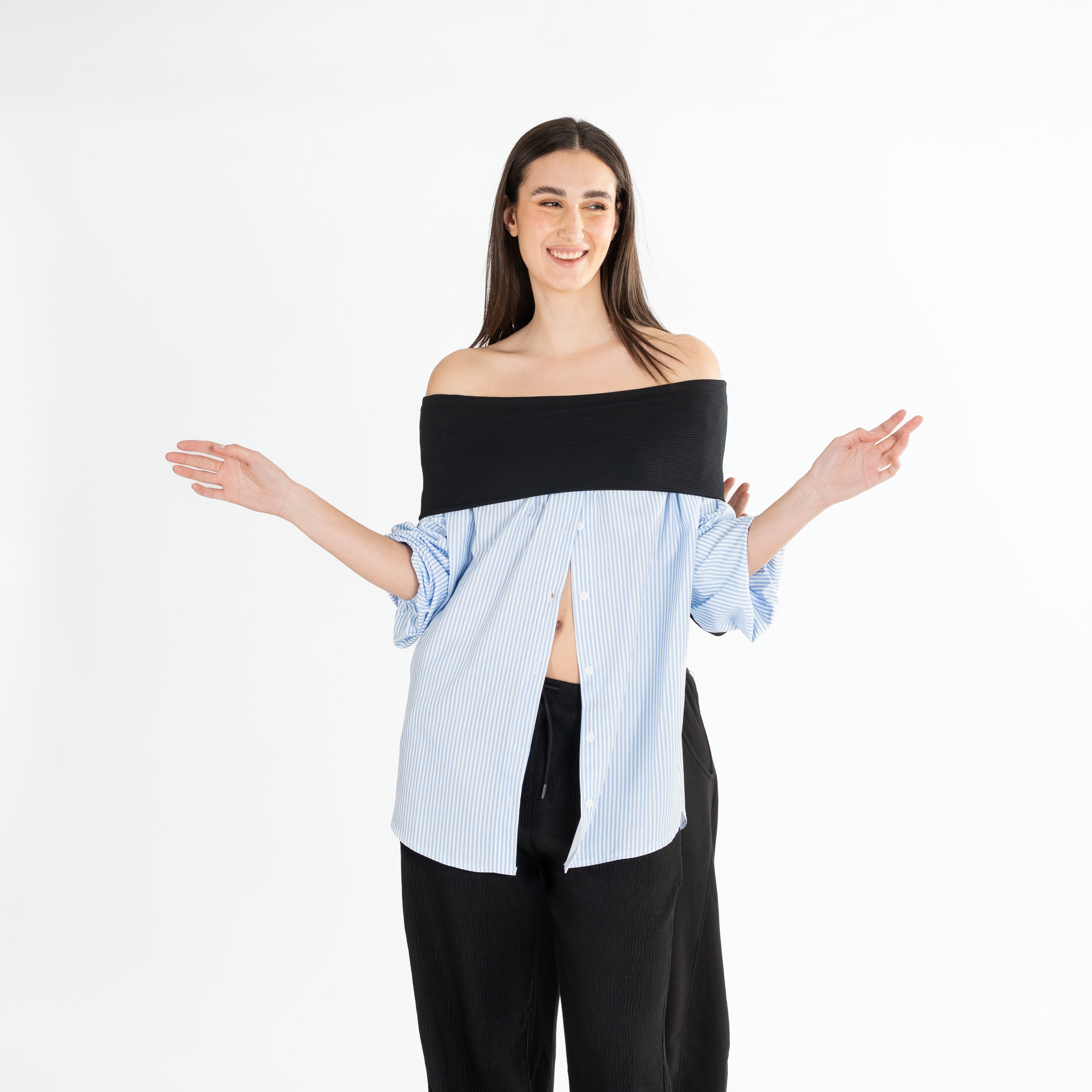 Buttons Off-Shoulder Shirt