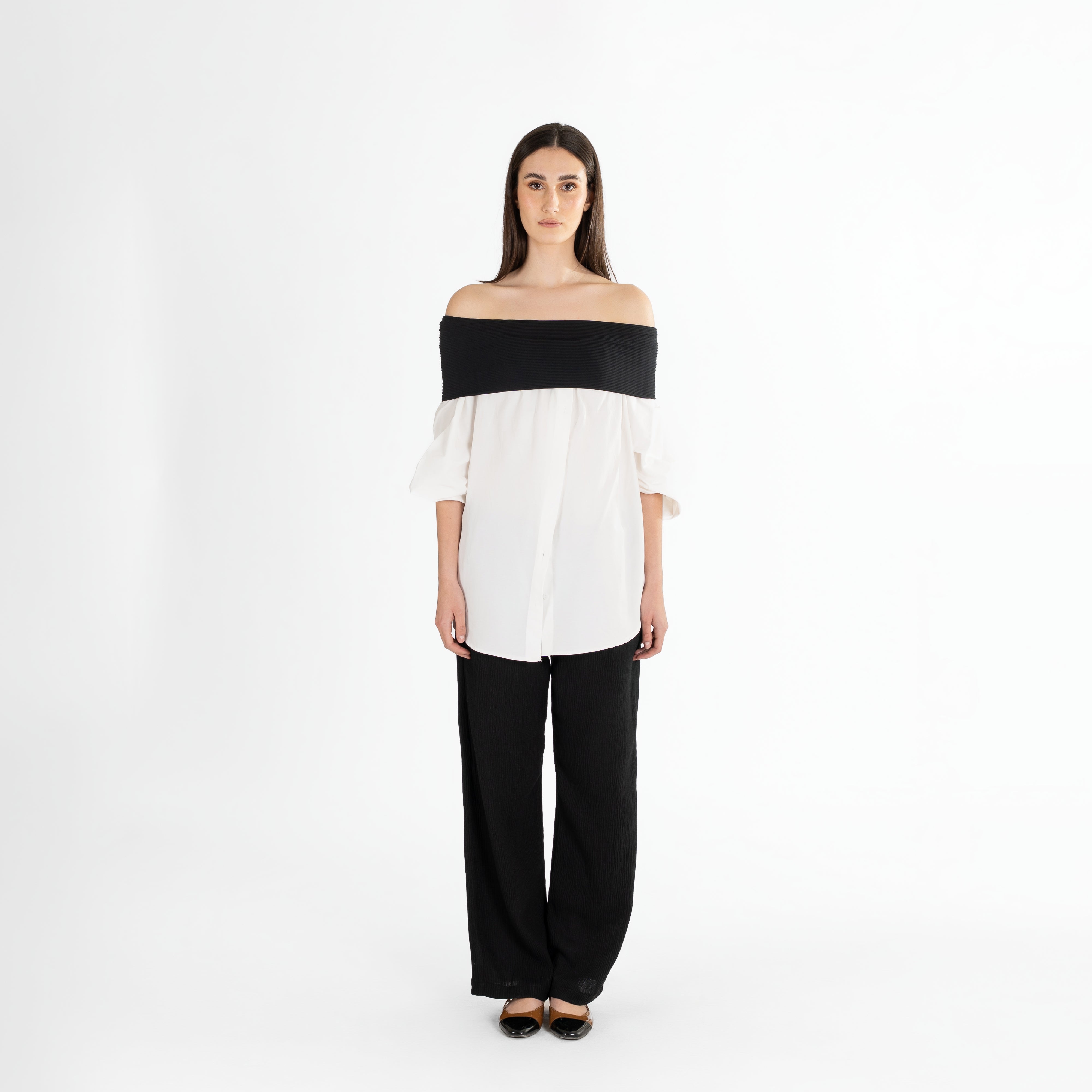 Buttons Off-Shoulder Shirt