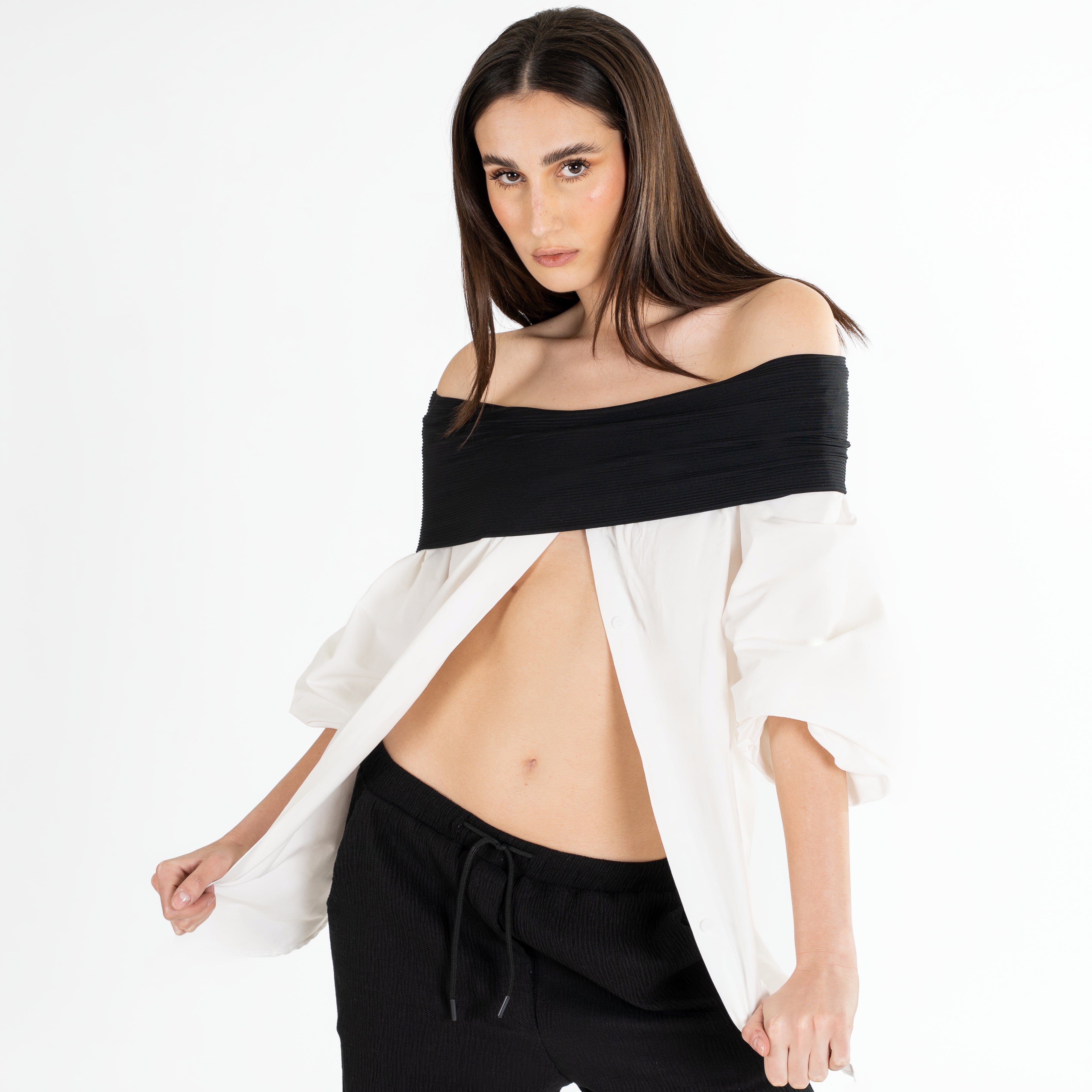 Buttons Off-Shoulder Shirt