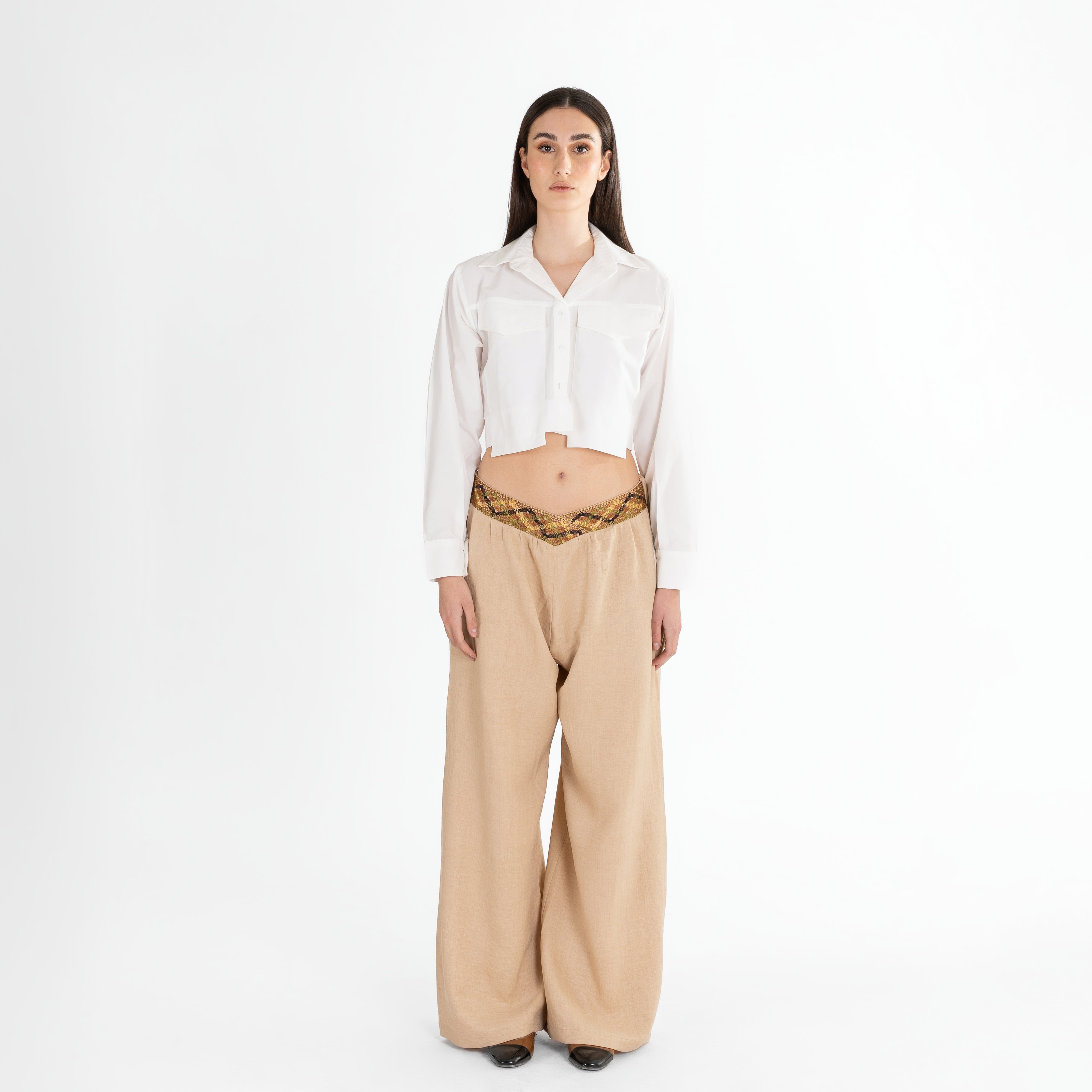 Embroidered V-Waist Wide-Leg Pants