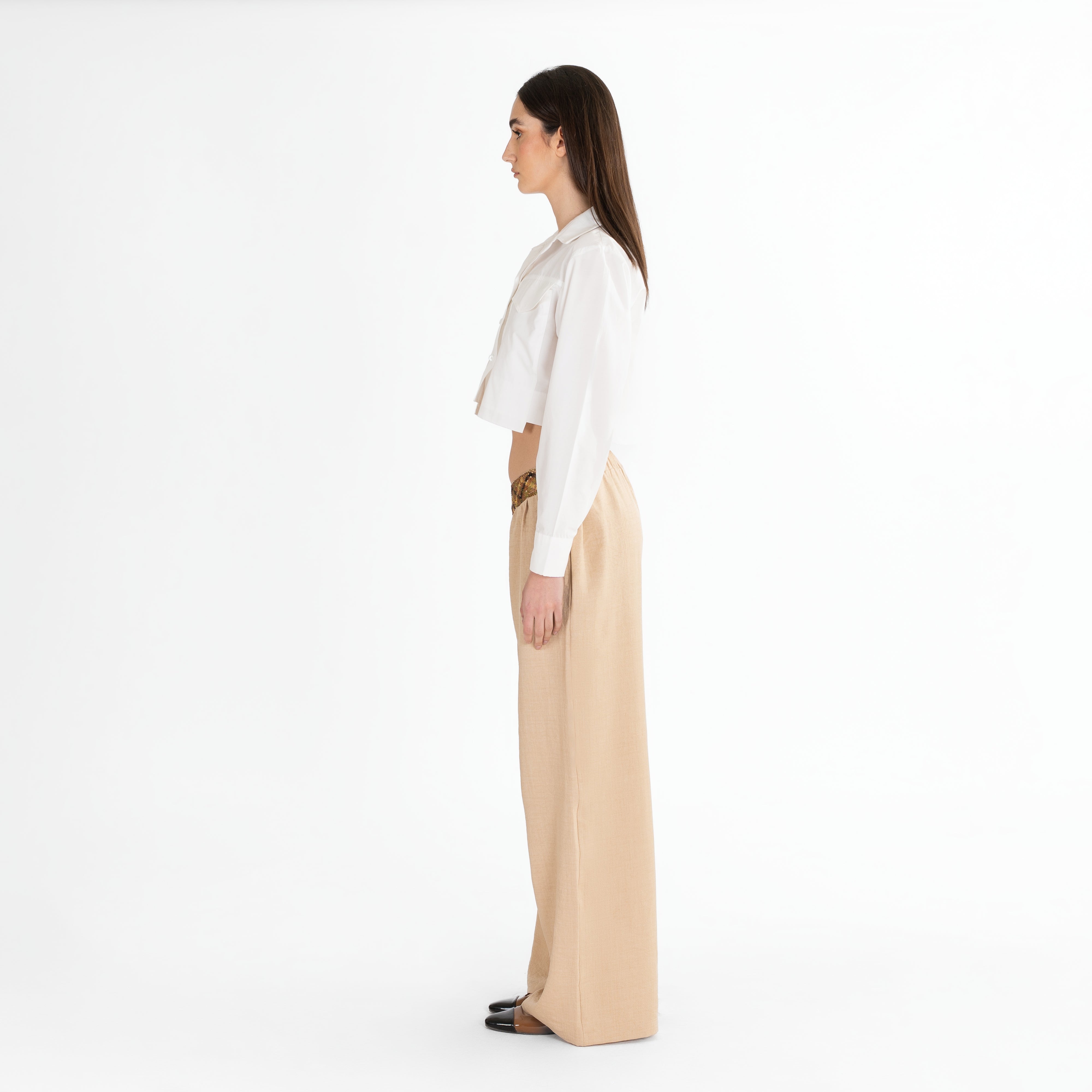 Embroidered V-Waist Wide-Leg Pants