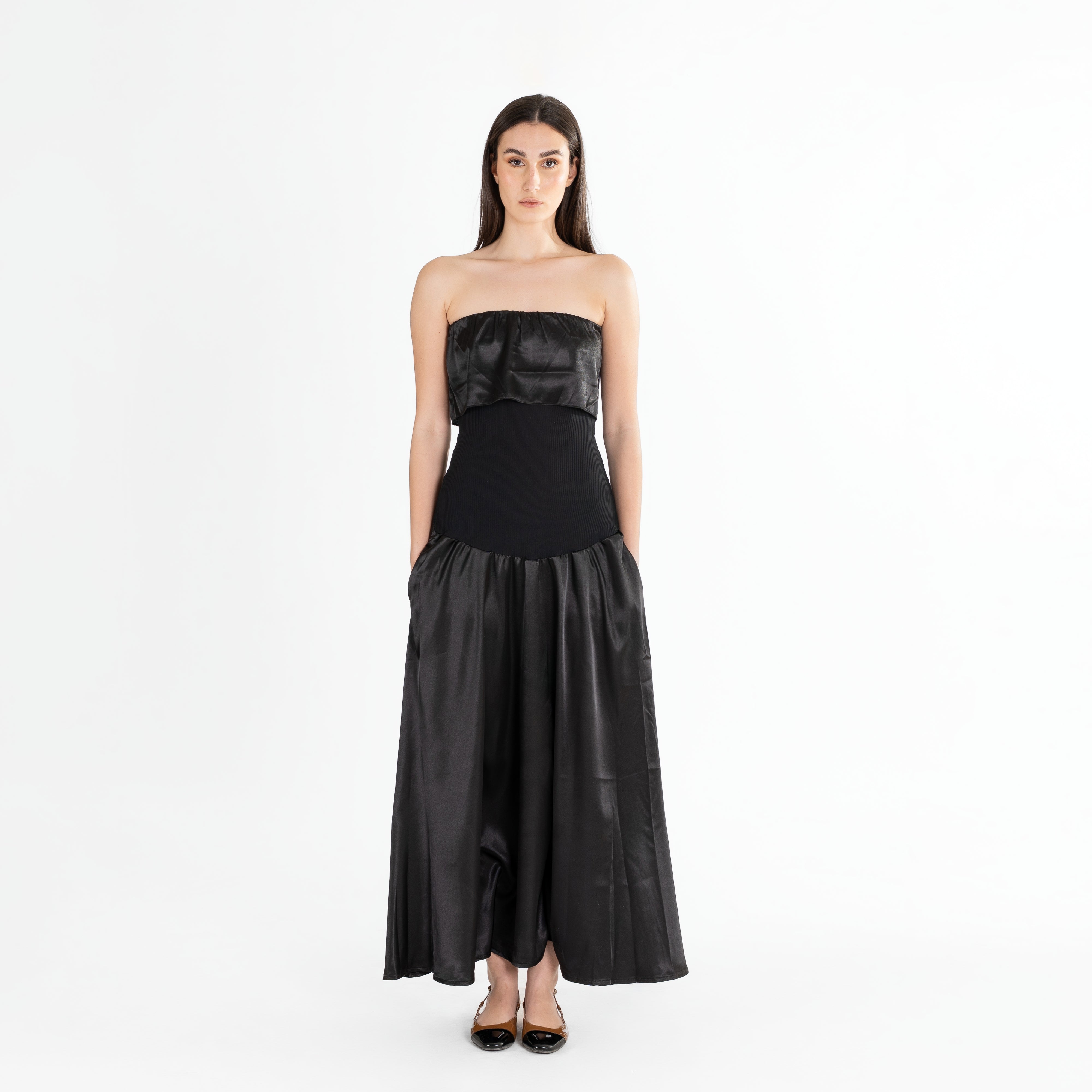 Bunched Strapless Satin & Ribbed Maxi Dress