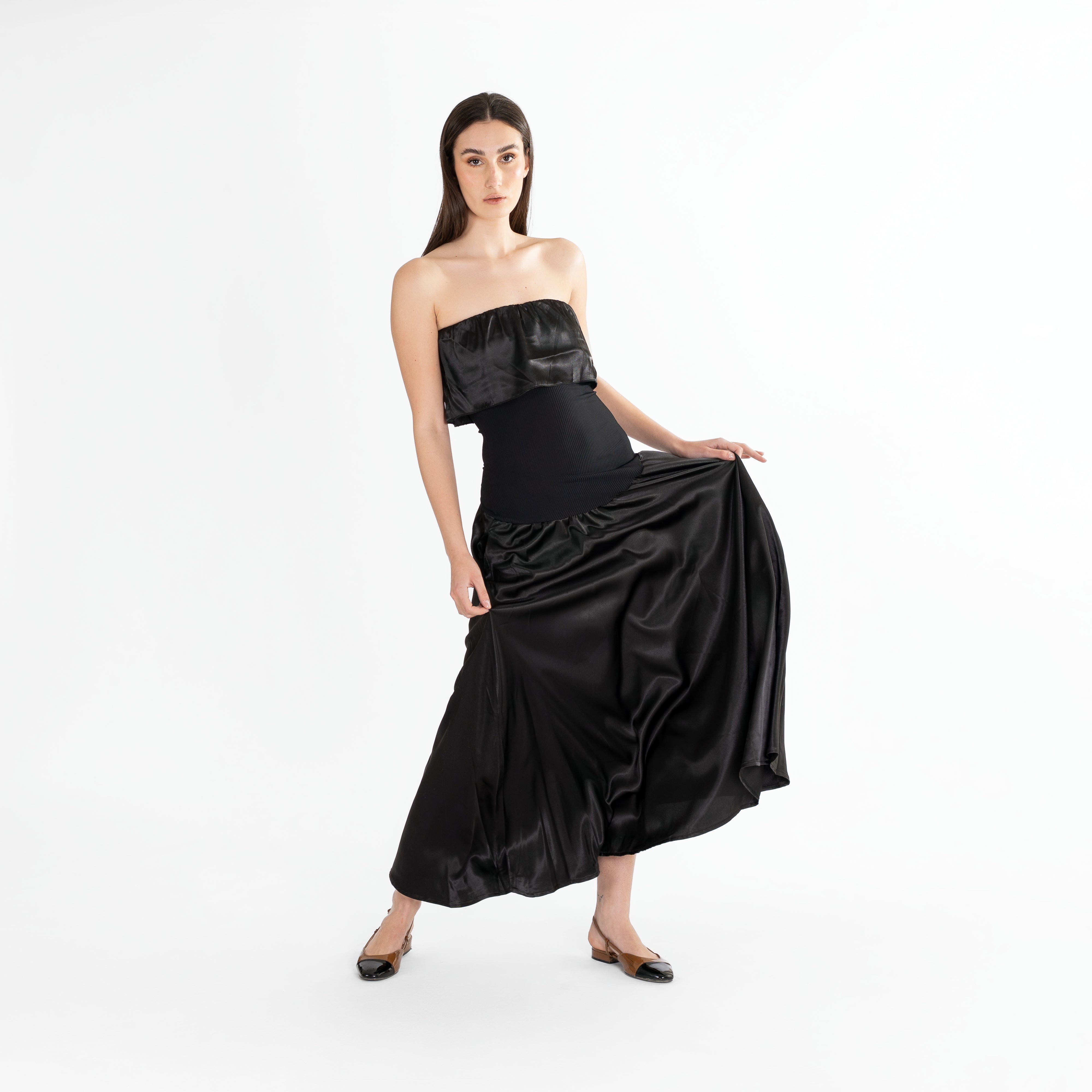 Bunched Strapless Satin & Ribbed Maxi Dress