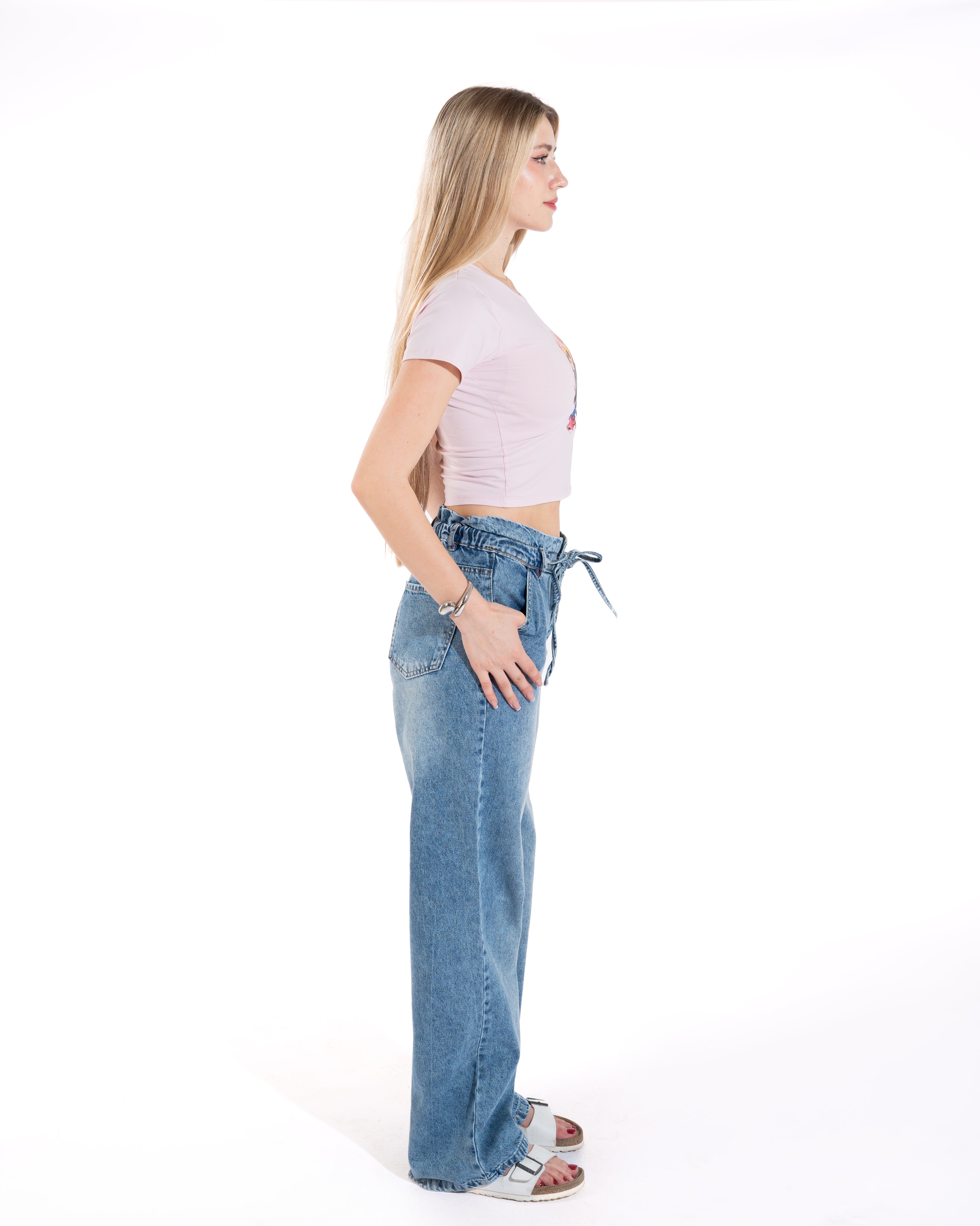 Paperbag Wide-Leg Denim Pants