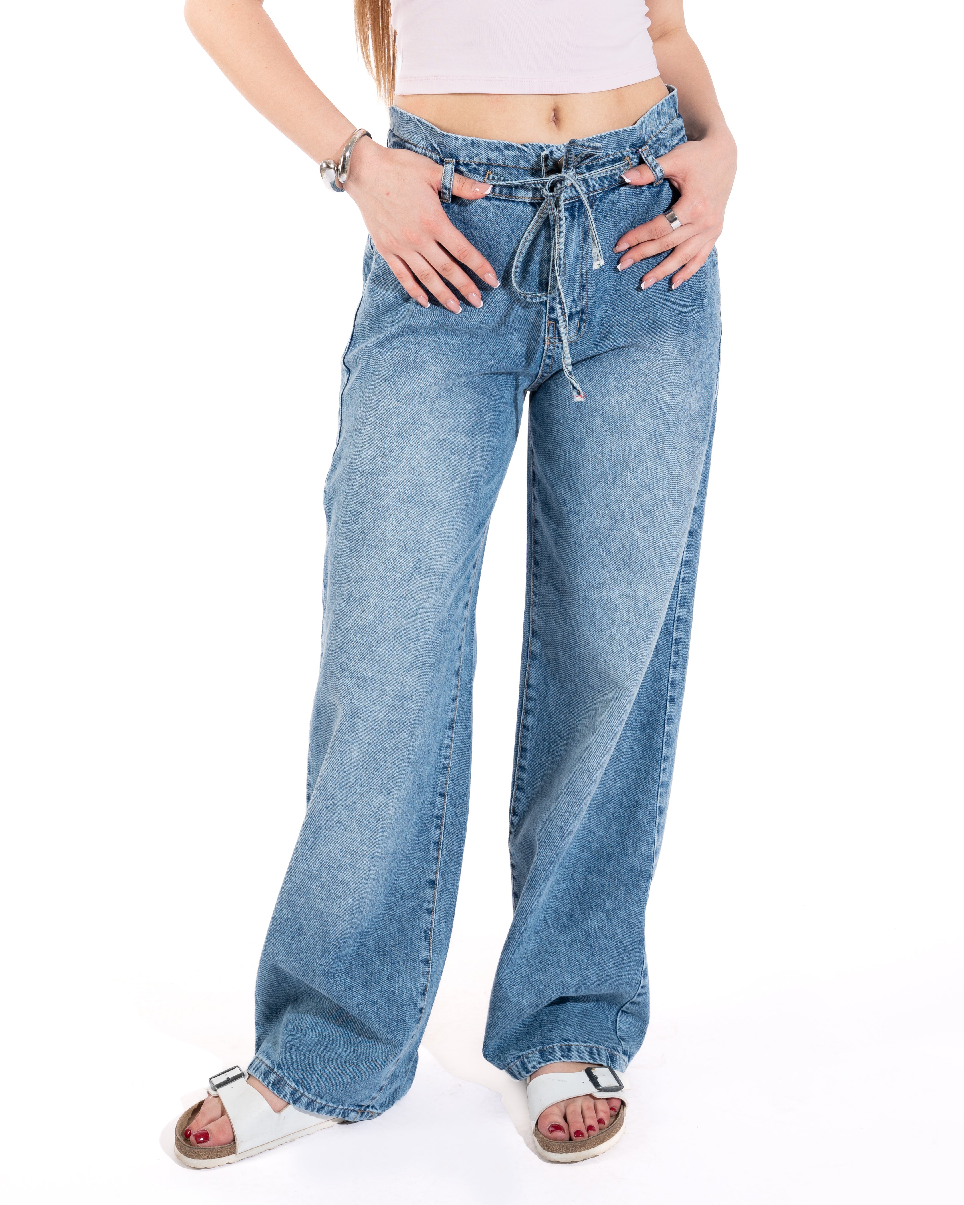 Paperbag Wide-Leg Denim Pants
