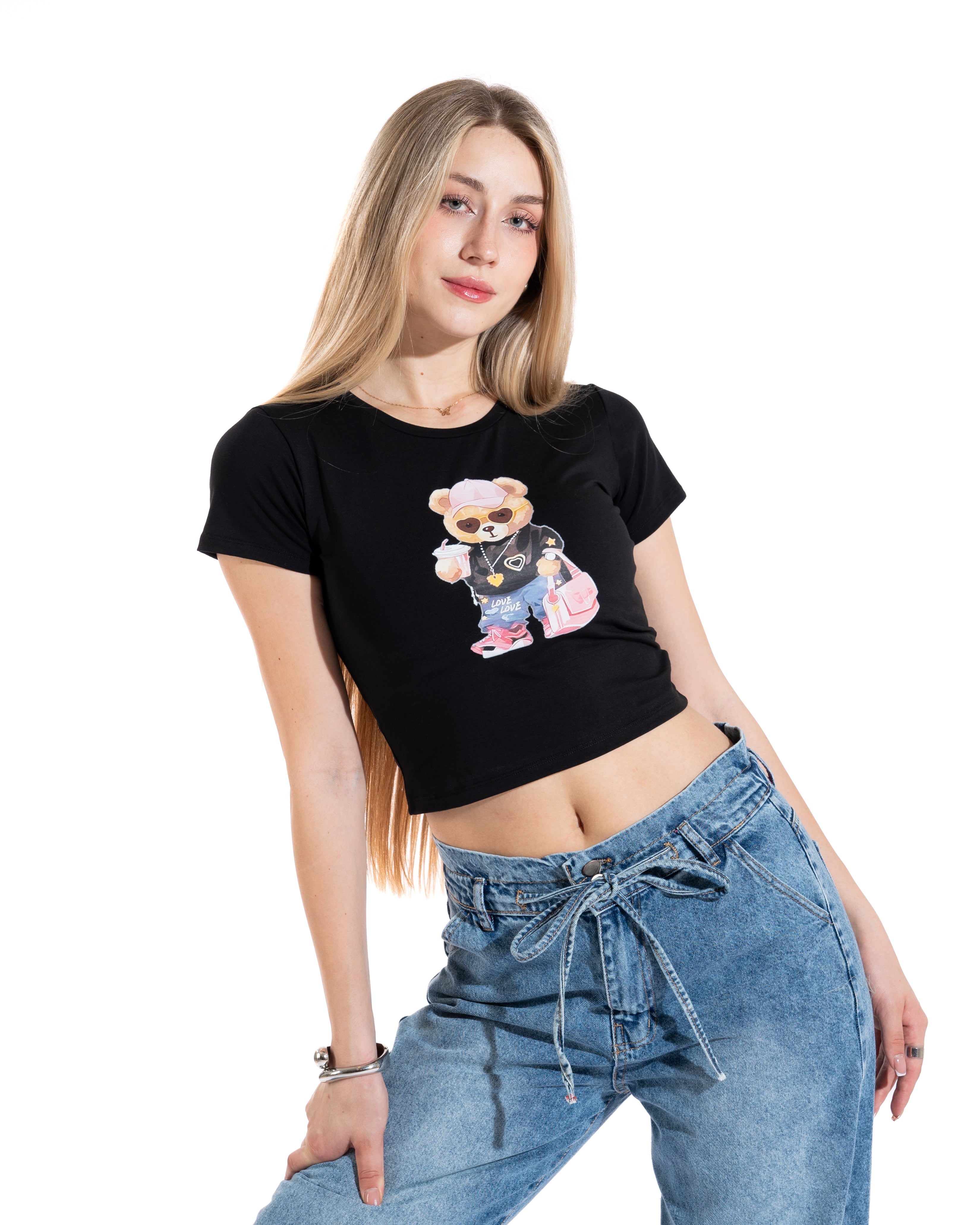 Trendy Teddy Bear Cropped Tee