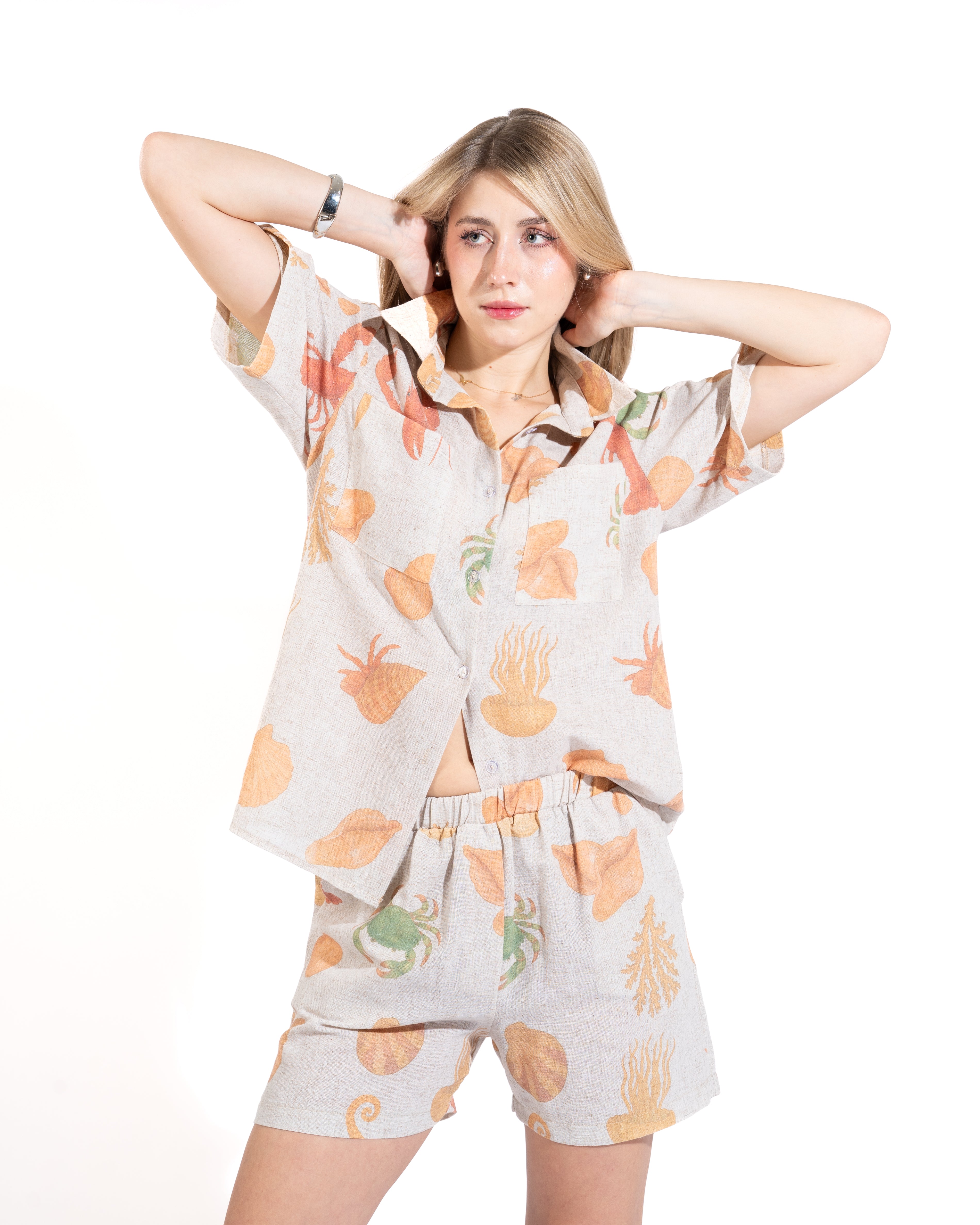 Ocean-Themed Print Button-Down Shirt