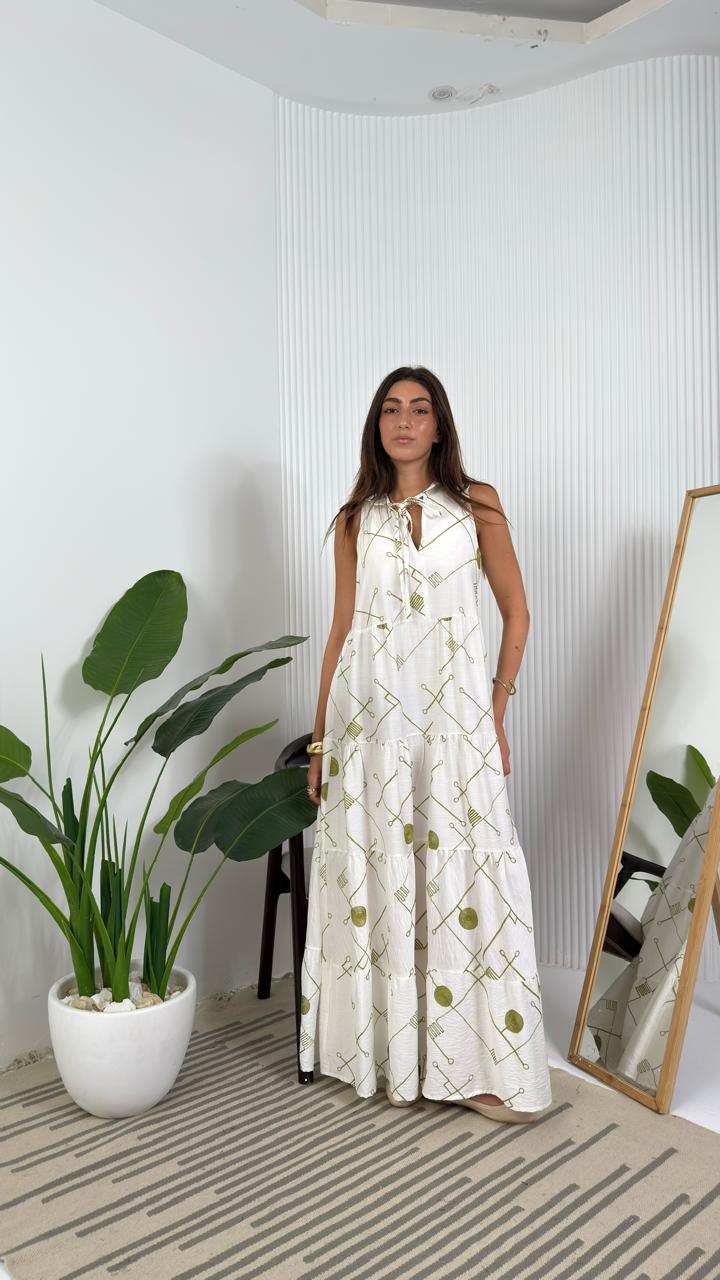 Embroidered Tiered Maxi Dress with Neck Tie