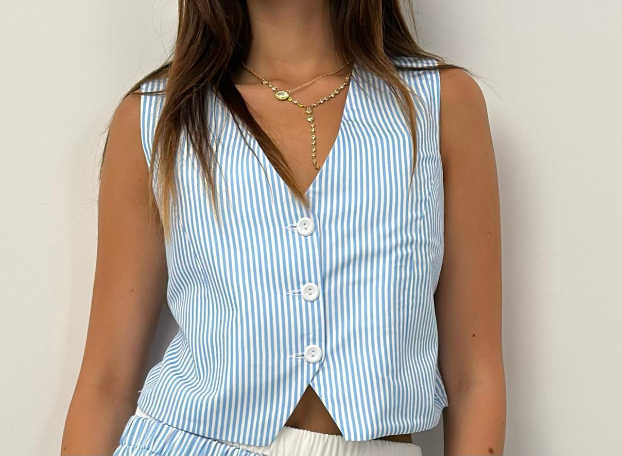 Sky Stripe Sleeveless Button Vest