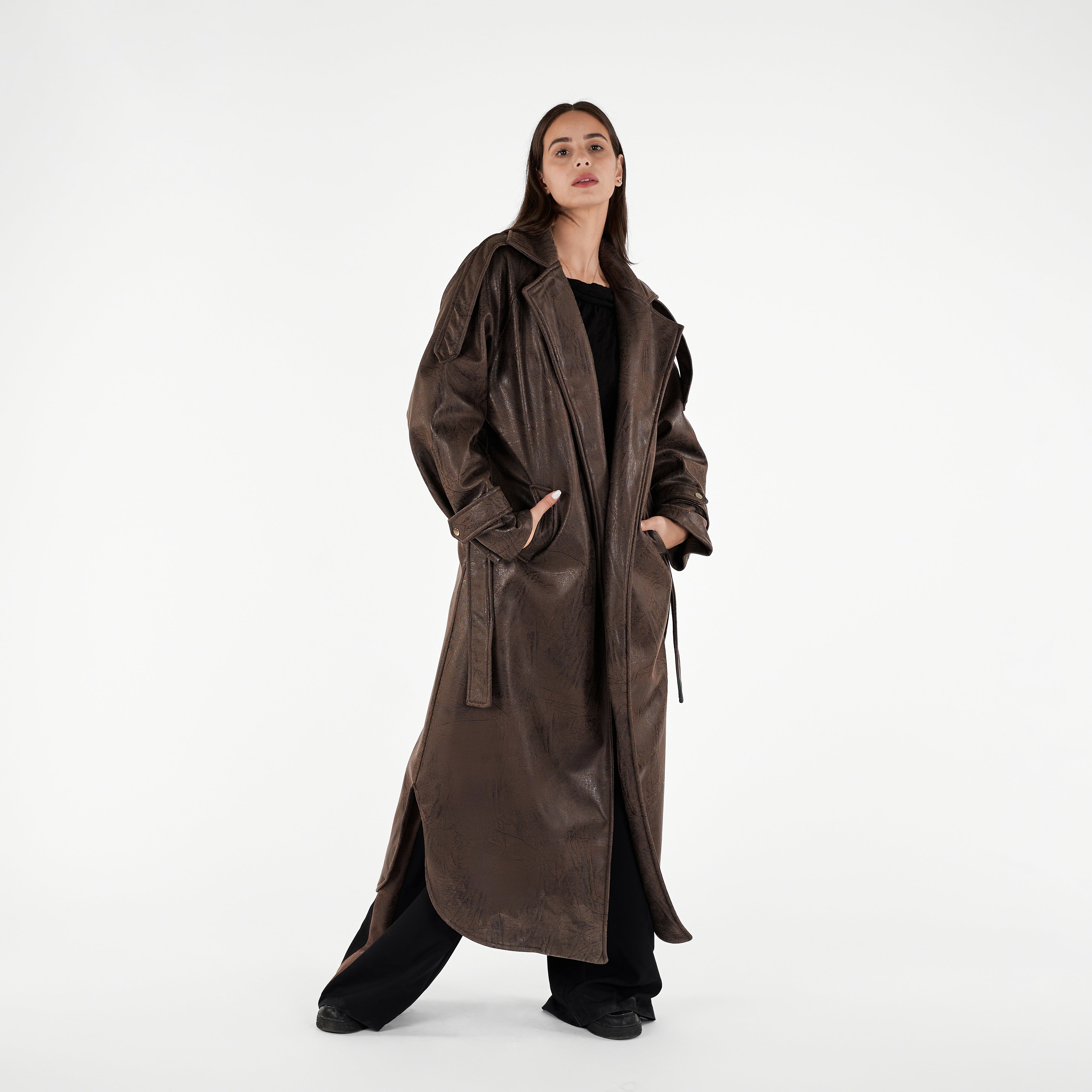 Faux Leather Longline Coat