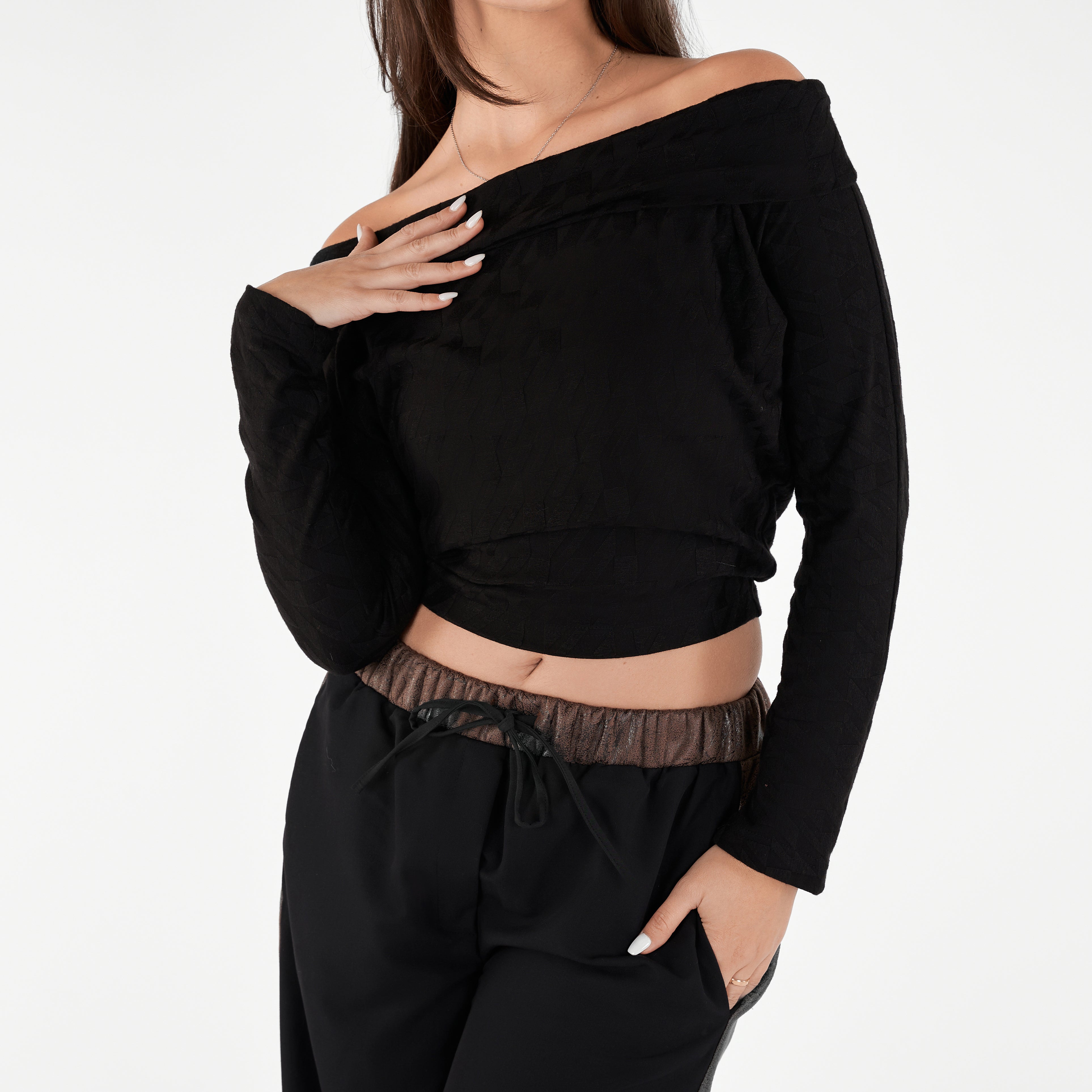 Off Shoulder Long Sleeve Cropped Blouse