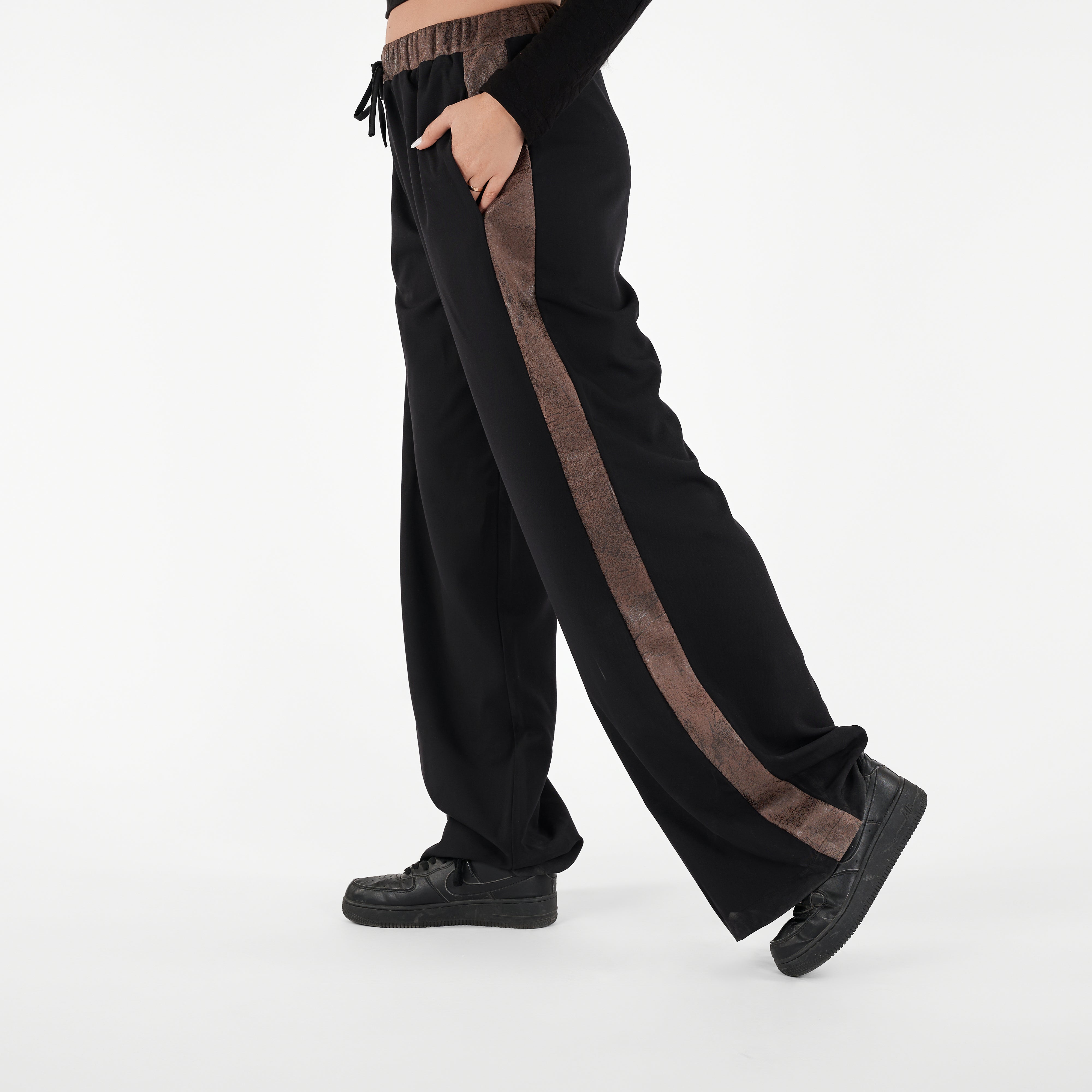 Upper Part and Side Faux Leather Wide Leg Trouser